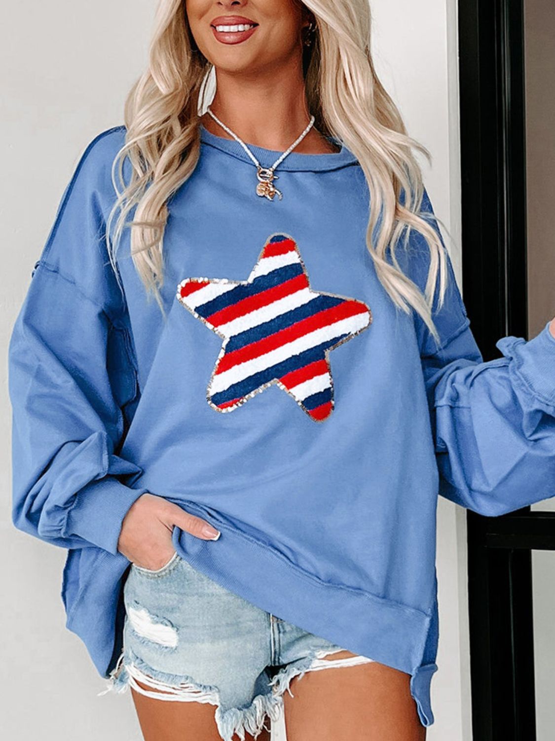 Star Patch Round Neck Long Sleeve Sweatshirt-TOPS / DRESSES-[Adult]-[Female]-2022 Online Blue Zone Planet