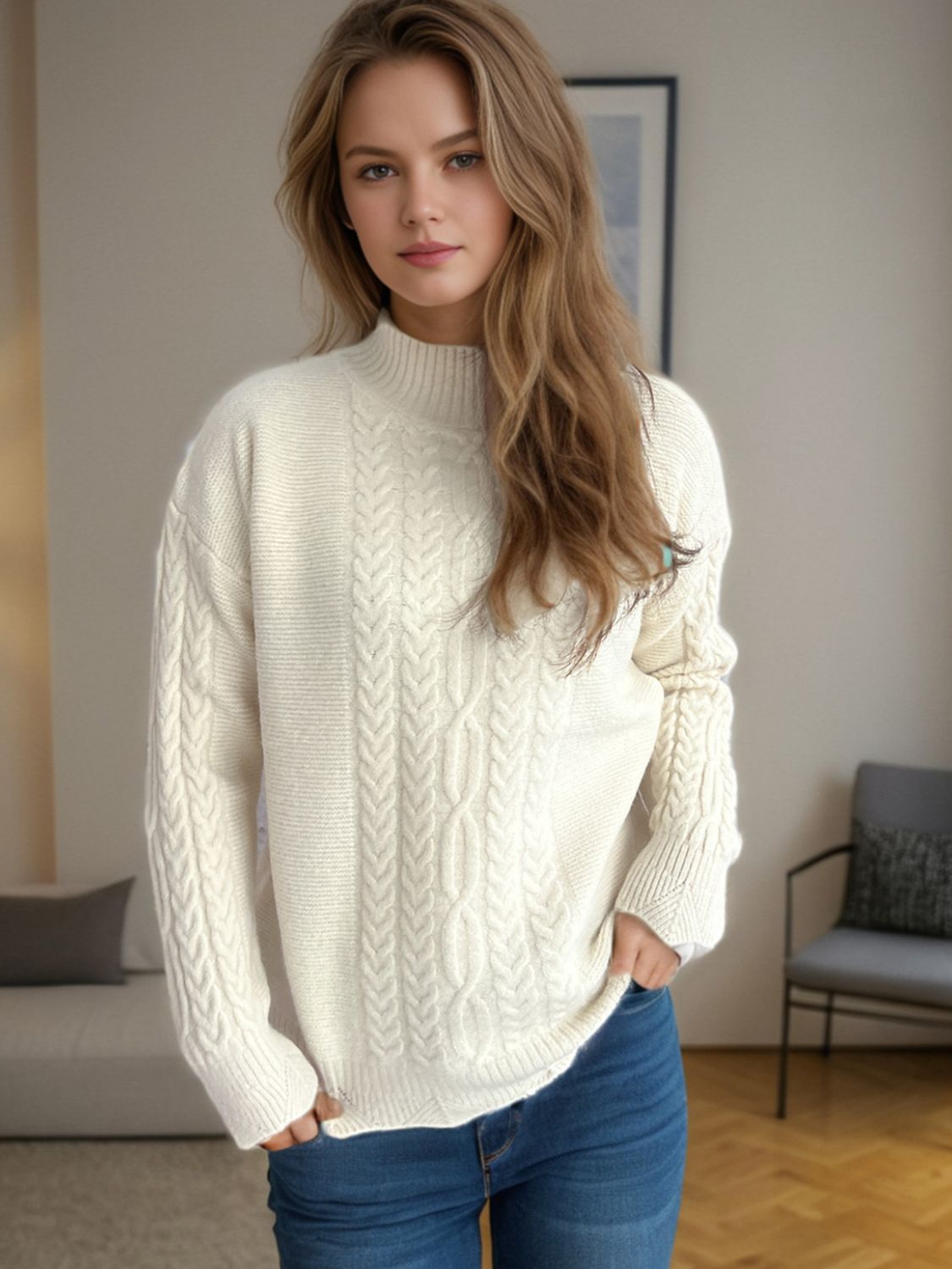 Blue Zone Planet | Cable-Knit Mock Neck Dropped Shoulder Sweater-TOPS / DRESSES-[Adult]-[Female]-Cream-One Size-2022 Online Blue Zone Planet