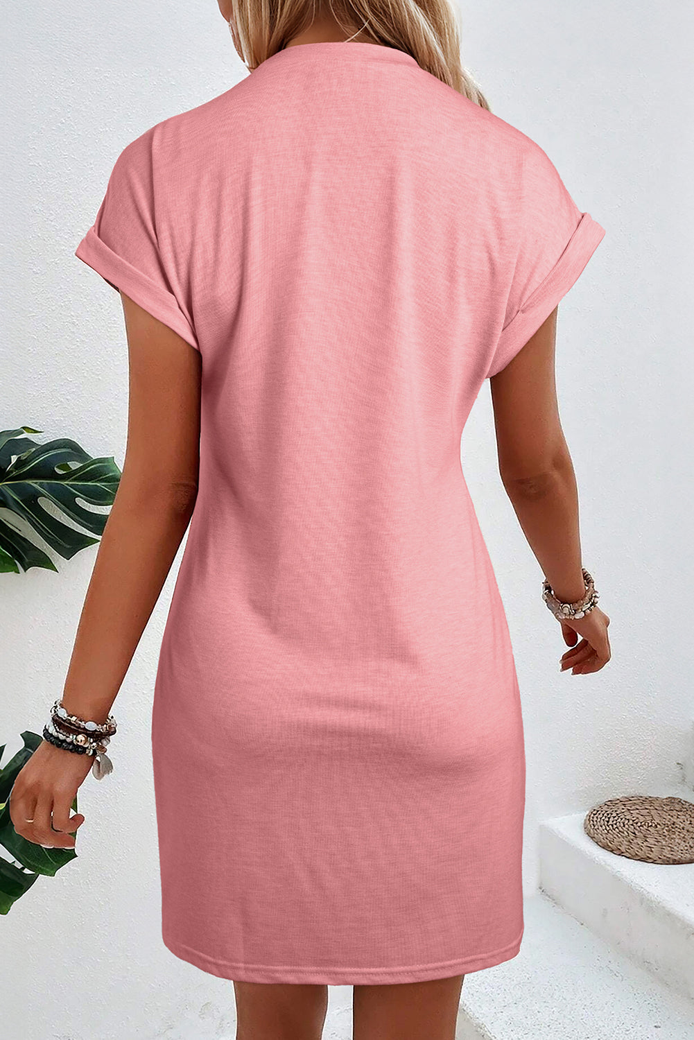 Rose Pink Center Seam Rolled Cuffs T-shirt Dress-Dresses/T Shirt Dresses-[Adult]-[Female]-2022 Online Blue Zone Planet