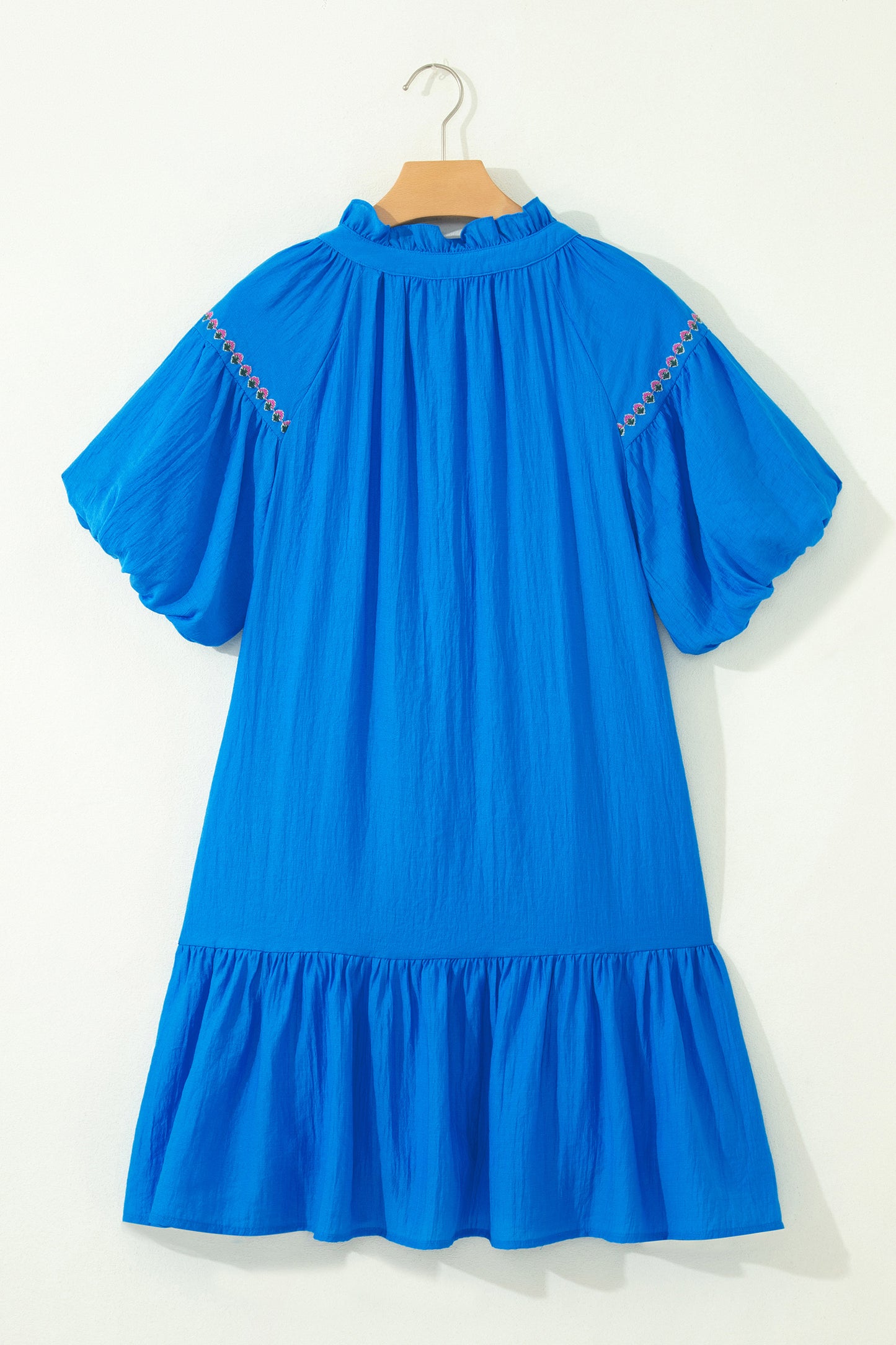 Blue Flower Embroidered Split Neck Short Puff Sleeve Ruffle Hem Dress-TOPS / DRESSES-[Adult]-[Female]-2022 Online Blue Zone Planet