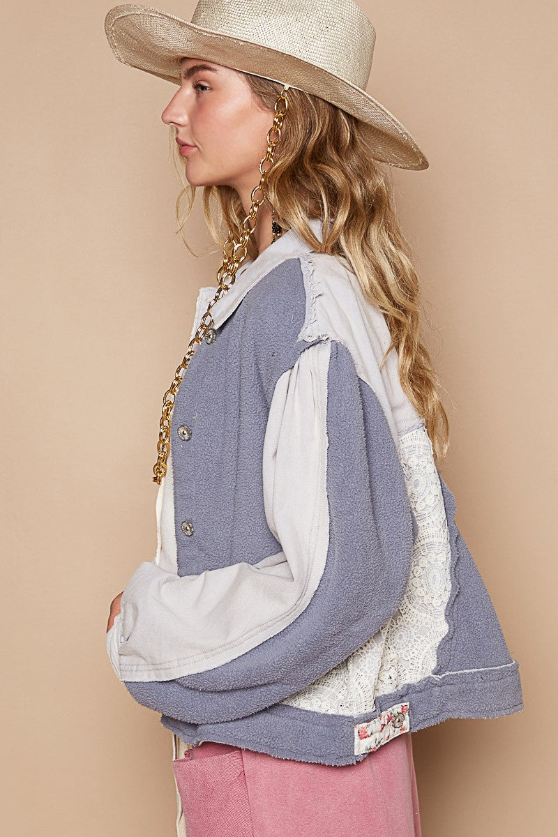 Blue Zone Planet | POL Crochet Patch Exposed Seam Button Up Jacket-TOPS / DRESSES-[Adult]-[Female]-2022 Online Blue Zone Planet