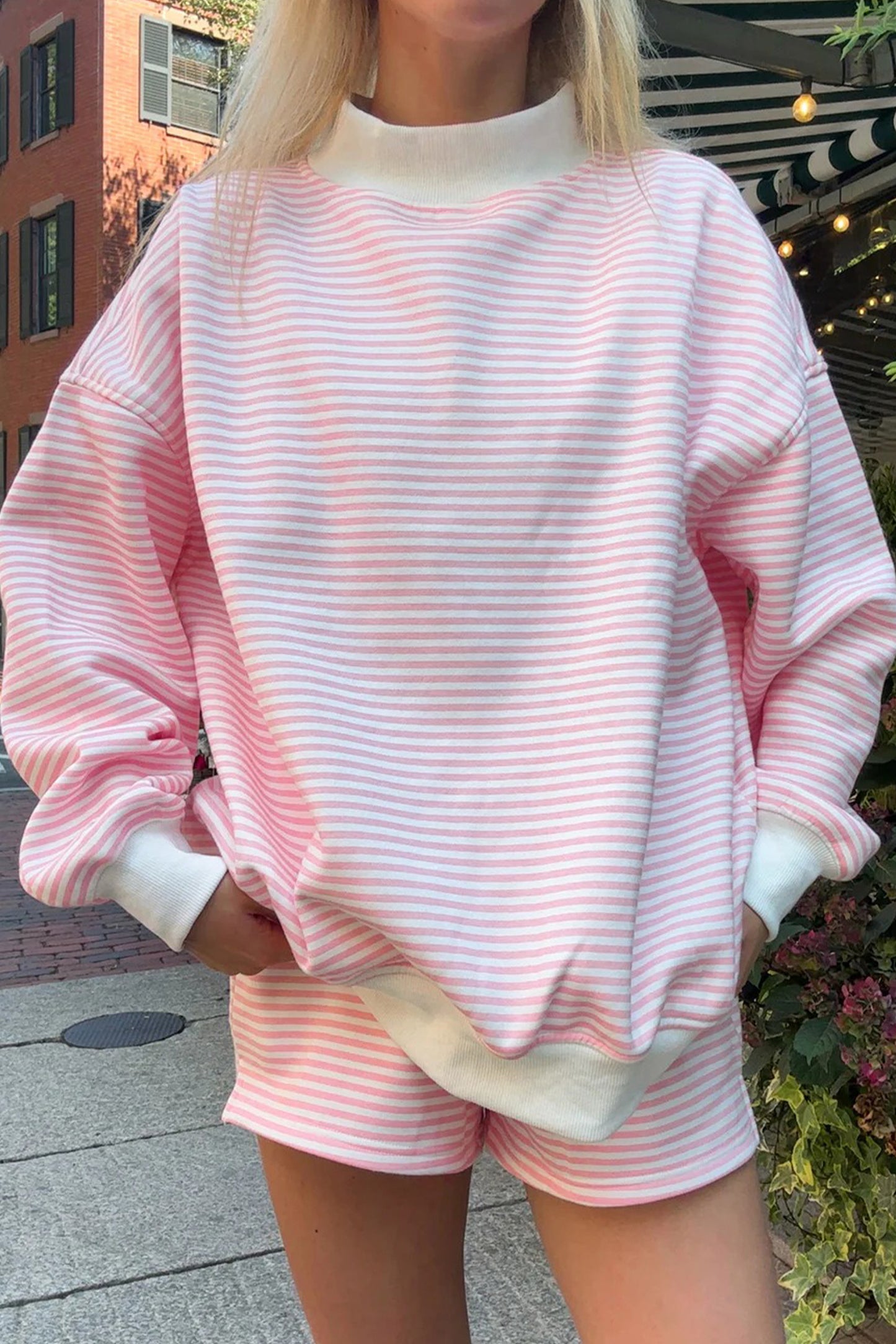 Pink Stripe Oversize Mock Neck Sweatshirt and Shorts Set-Pre Order Two Piece Sets-[Adult]-[Female]-Pink Stripe1-L-2022 Online Blue Zone Planet