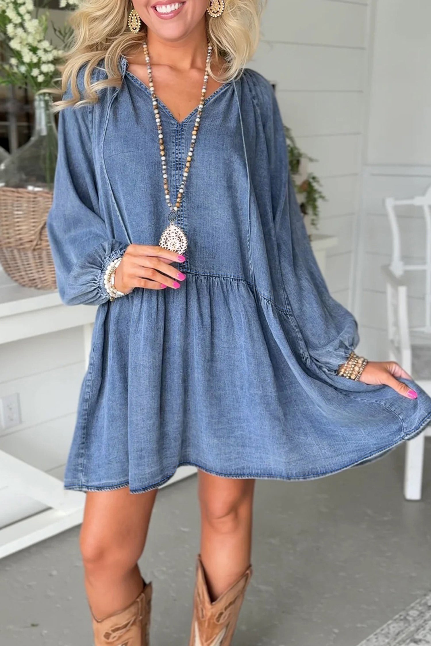 Myosotis Puff Sleeve V Neck Ruffled Loose Denim Mini Dress-TOPS / DRESSES-[Adult]-[Female]-Myosotis-S-2022 Online Blue Zone Planet