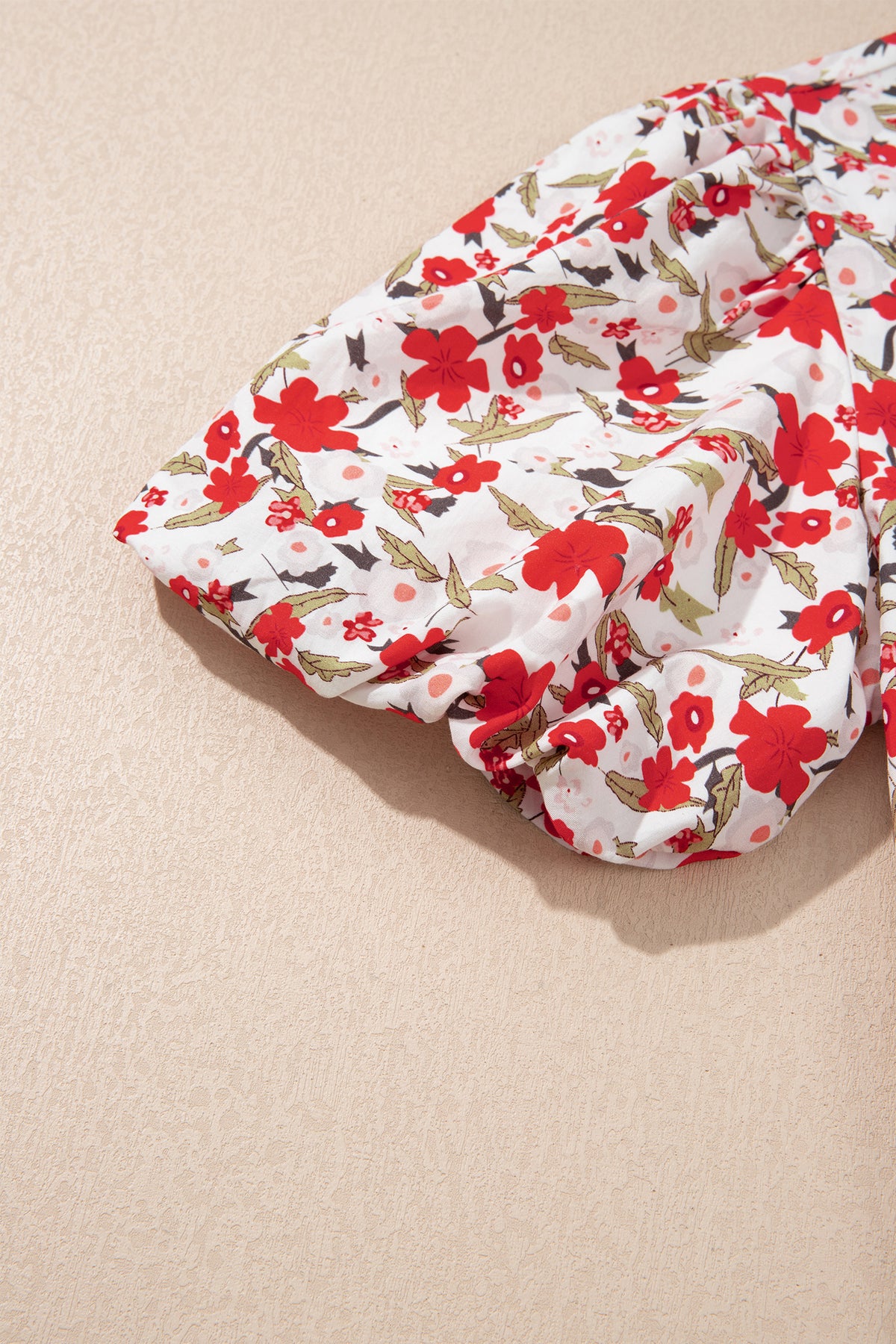 Red Floral Print Short Puff Sleeve Button Front Shirt-Tops/Blouses & Shirts-[Adult]-[Female]-2022 Online Blue Zone Planet