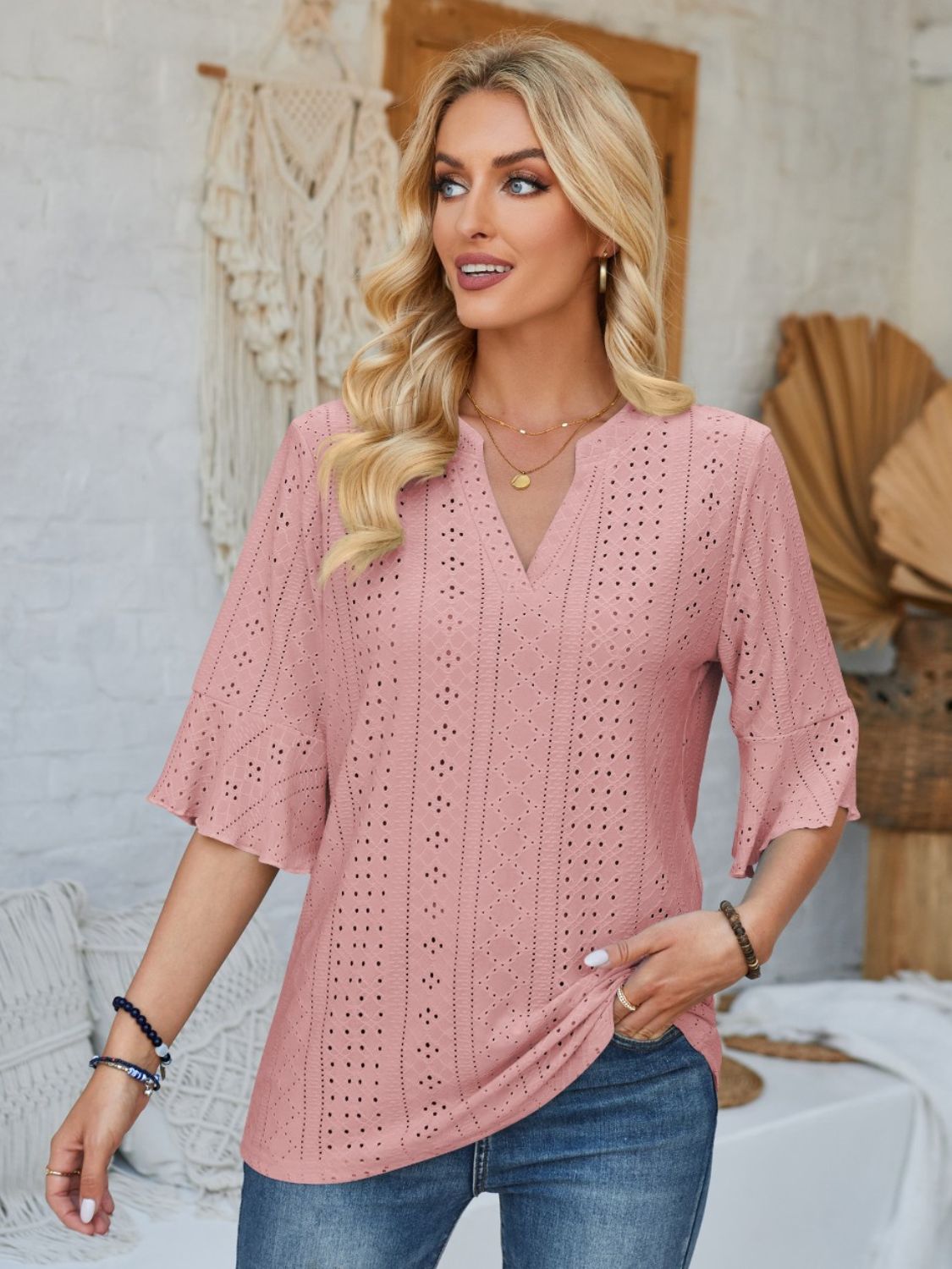 Eyelet Notched Half Sleeve T-Shirt-TOPS / DRESSES-[Adult]-[Female]-Dusty Pink-S-2022 Online Blue Zone Planet