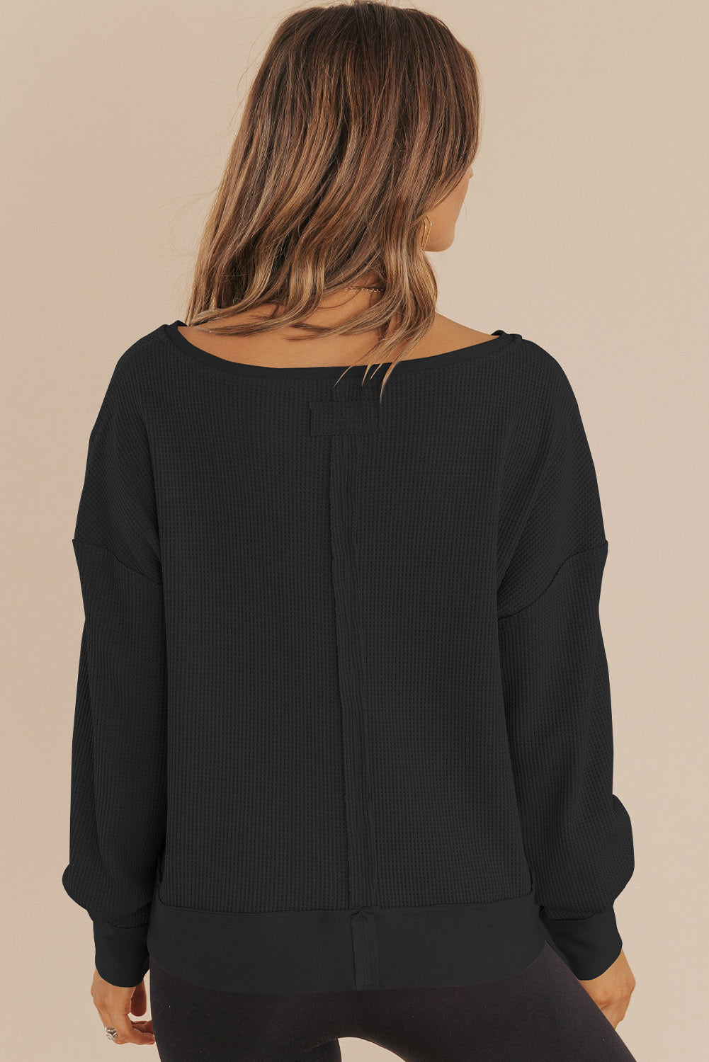 Black Waffle Knit Notched V Neck Drop Shoulder Solid Sweatshirt-Tops/Sweatshirts & Hoodies-[Adult]-[Female]-2022 Online Blue Zone Planet