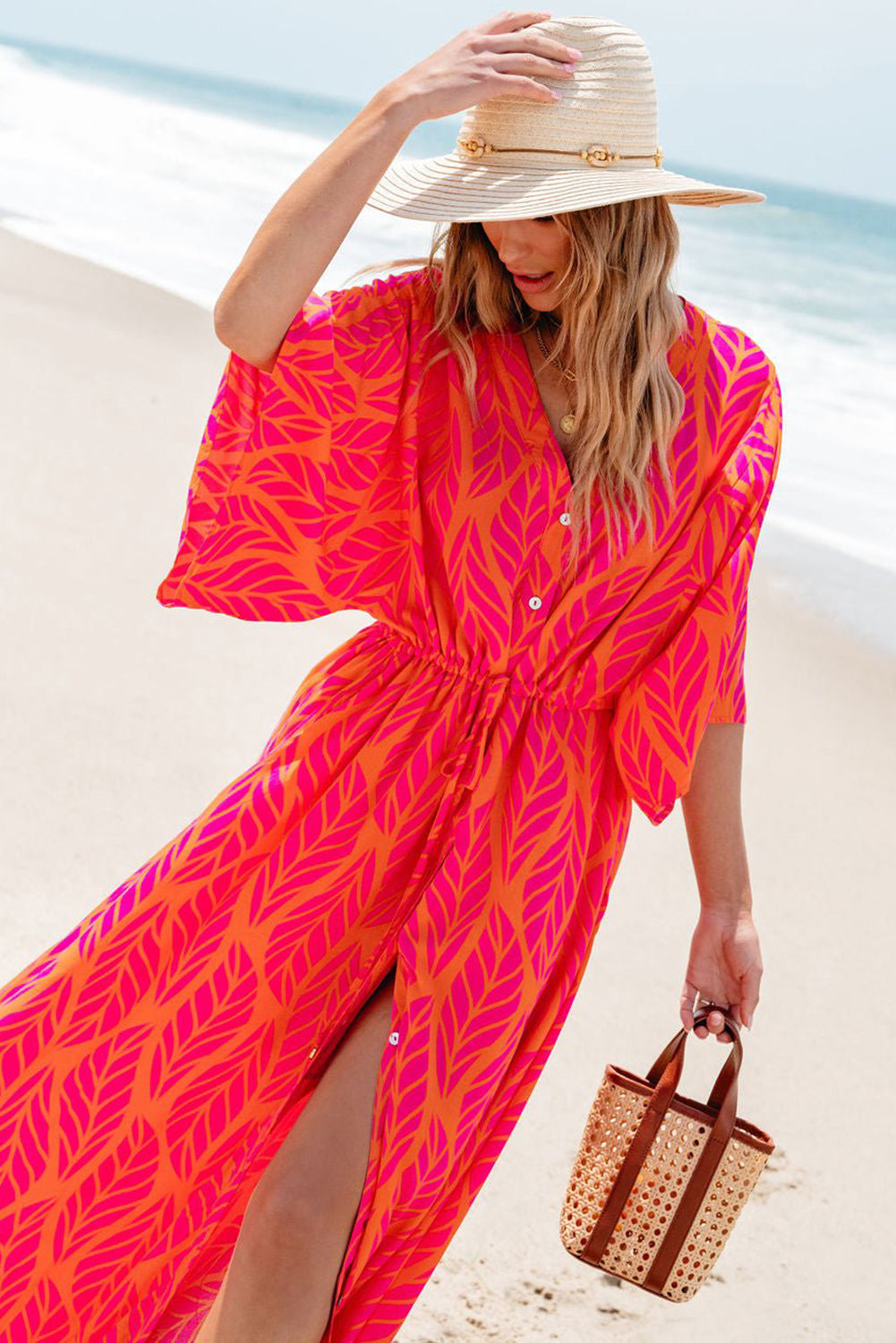 Blue Zone Planet | Orange Leafy Print 3/4 Sleeve V Neck Buttoned Split Maxi Dress-TOPS / DRESSES-[Adult]-[Female]-2022 Online Blue Zone Planet