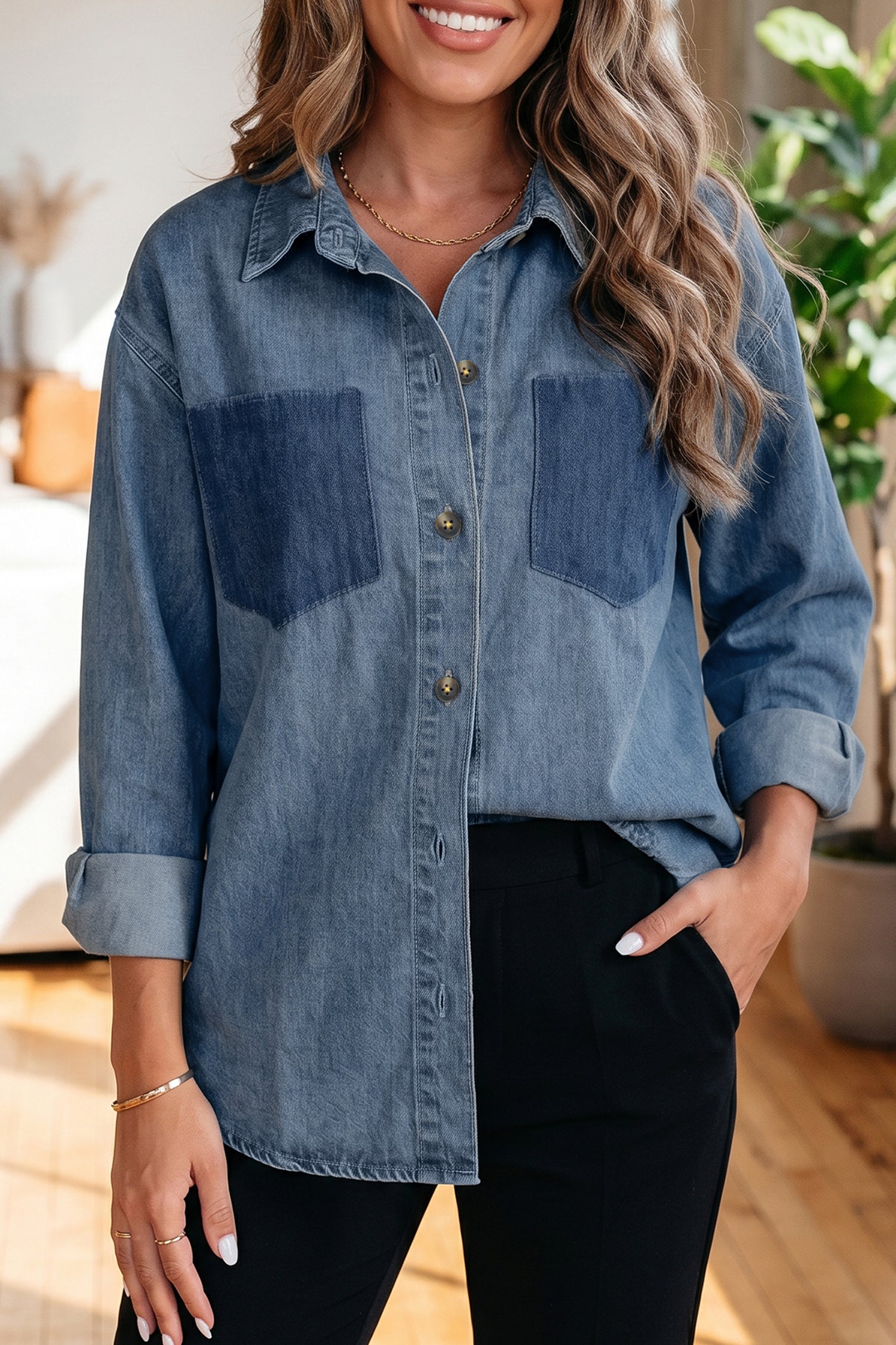 Sky Blue Color Block Pocket Detail Casual Button Down Denim Shirt-Tops/Blouses & Shirts-[Adult]-[Female]-Sky Blue-S-2022 Online Blue Zone Planet