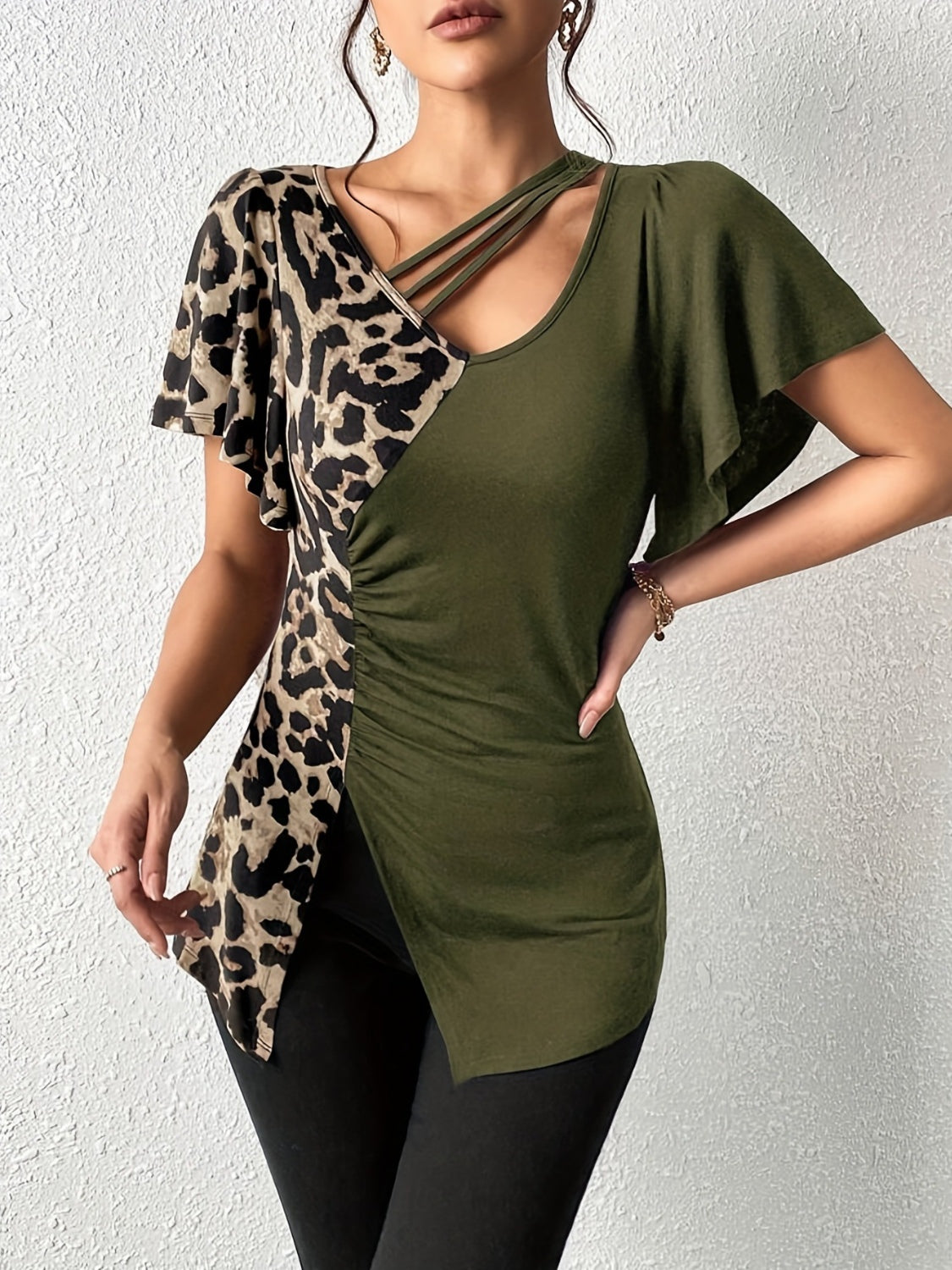 Ruched Leopard Flutter Sleeve T-Shirt-TOPS / DRESSES-[Adult]-[Female]-2022 Online Blue Zone Planet