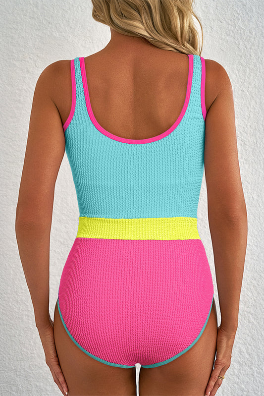 Iceland Blue Textured Color Block Patchwork One Piece Swimsuit-Swimwear/One Piece Swimsuit-[Adult]-[Female]-2022 Online Blue Zone Planet