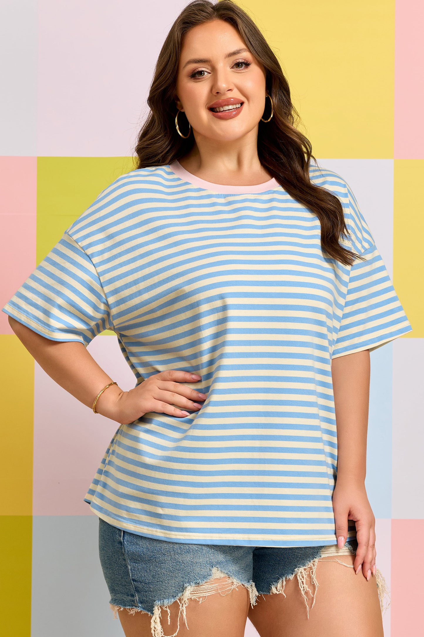 Sky Blue Stripe Plus Size Drop Shoulder Contrast Trim Round Neck Tee-Plus Size/Plus Size Tops/Plus Size Tops & Tees-[Adult]-[Female]-2022 Online Blue Zone Planet