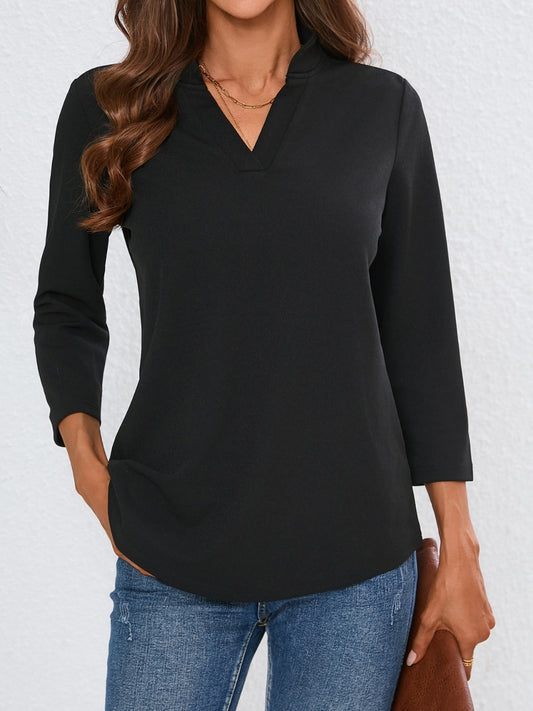 Notched Three-Quarter Sleeve Top-TOPS / DRESSES-[Adult]-[Female]-Black-S-2022 Online Blue Zone Planet
