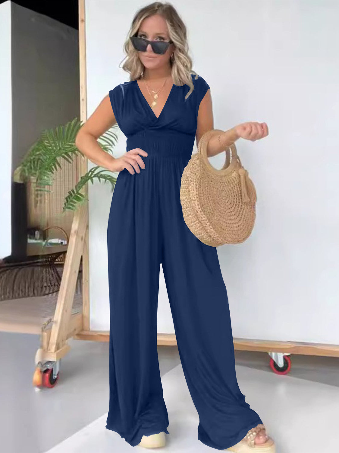 Smocked Cap Sleeve Wide Leg Jumpsuit-TOPS / DRESSES-[Adult]-[Female]-Dark Blue-S-2022 Online Blue Zone Planet