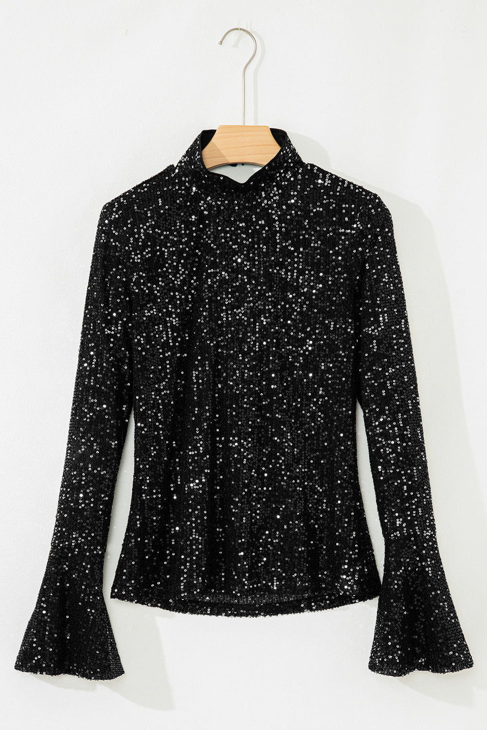 Black Sequin Mock Neck Drape Open Back Bell Sleeve Top-Tops/Long Sleeve Tops-[Adult]-[Female]-2022 Online Blue Zone Planet