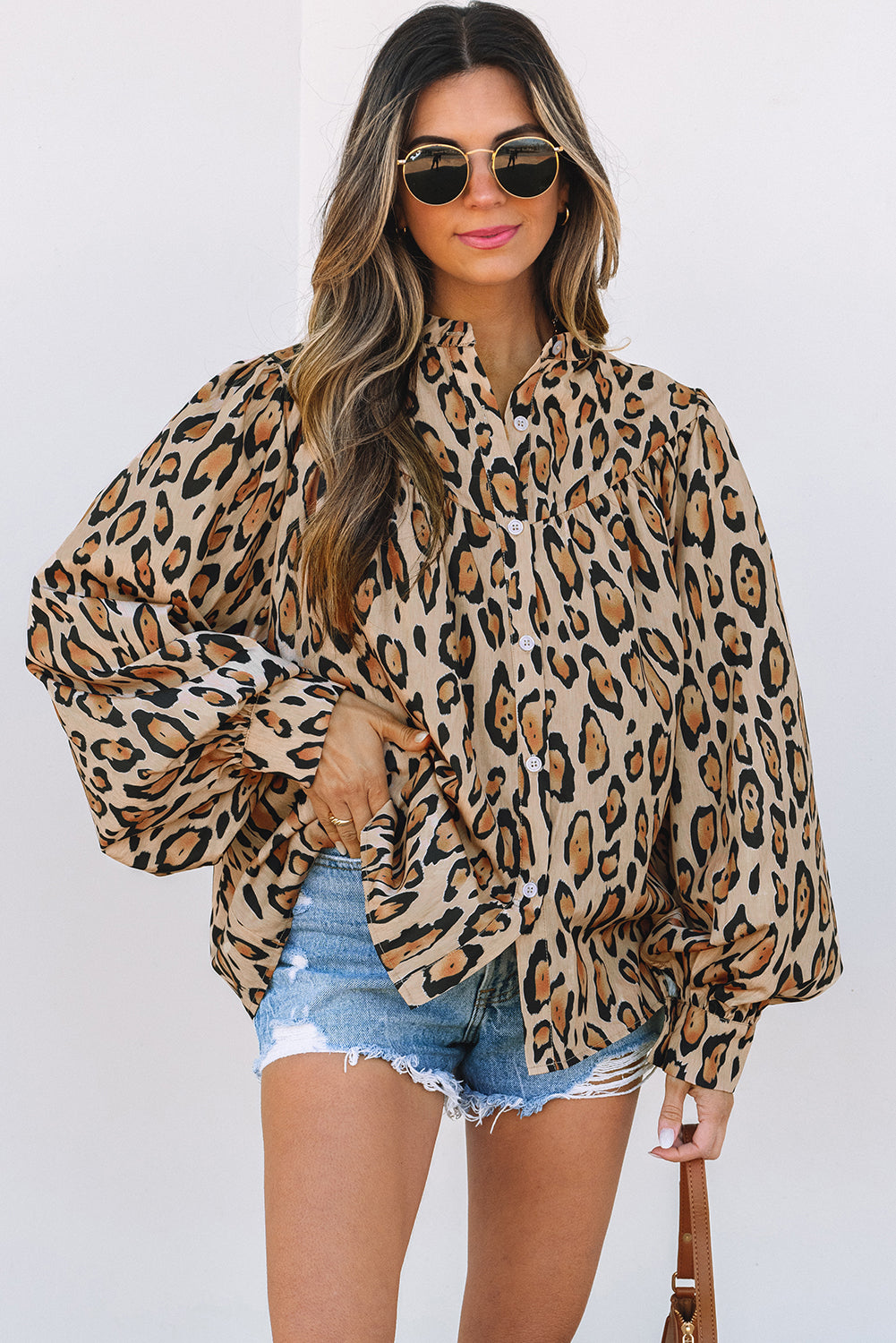Blue Zone Planet | Jet Stream Oversized Leopard Print Balloon Sleeve Casual Shirt-Tops/Blouses & Shirts-[Adult]-[Female]-2022 Online Blue Zone Planet