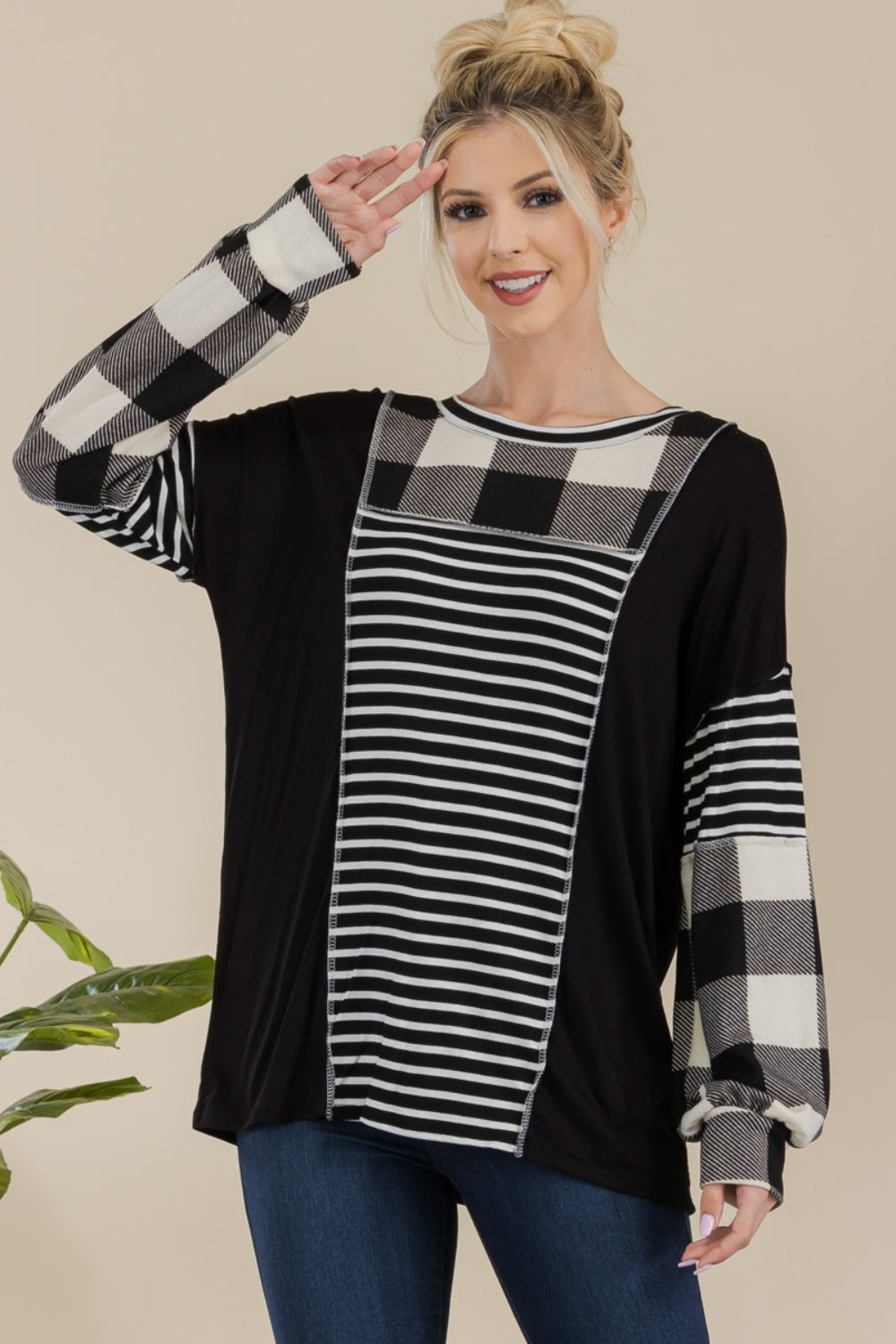 Blue Zone Planet | Celeste Full Size Color Block Exposed Seam T-Shirt-TOPS / DRESSES-[Adult]-[Female]-Black/White Plaid-S-2022 Online Blue Zone Planet