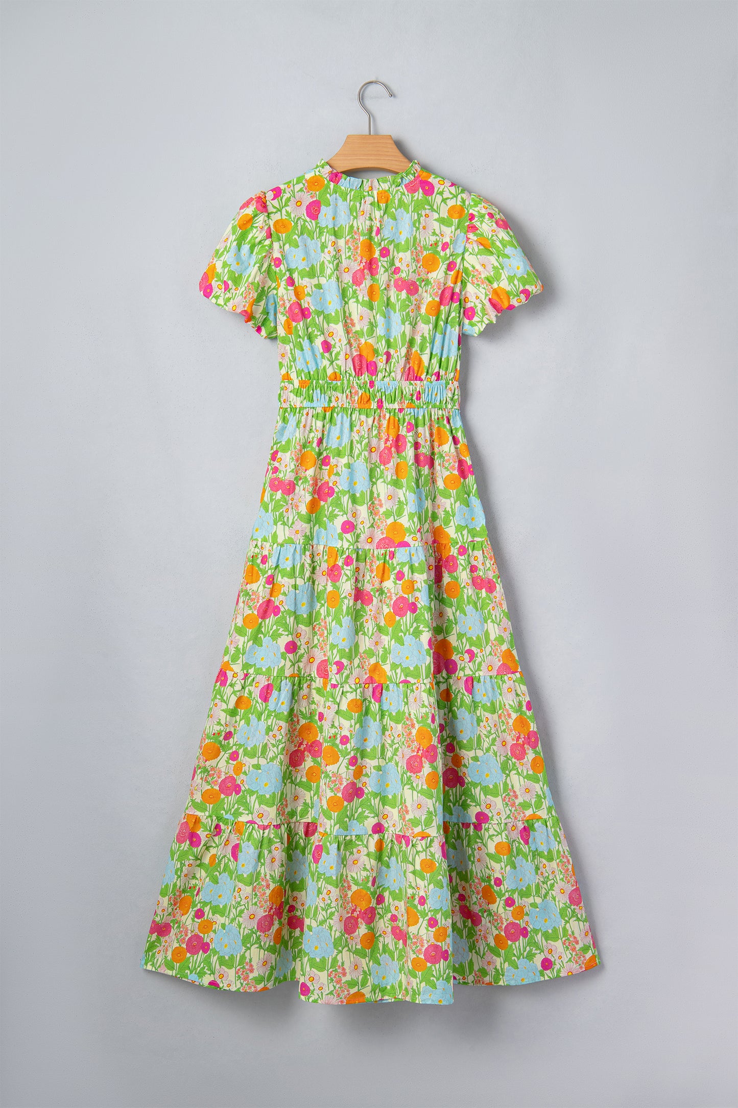 Green Floral Print V Neck Short Puff Sleeve Cotton Maxi Dress-Dresses/Floral Dresses-[Adult]-[Female]-2022 Online Blue Zone Planet