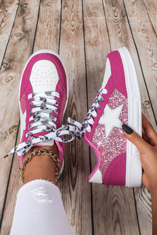 Rose Red Stylish Color Block Glitter Star Patchwork Lace-up Flat Shoes-Shoes & Bags/Womens Shoes-[Adult]-[Female]-Rose Red-37-2022 Online Blue Zone Planet