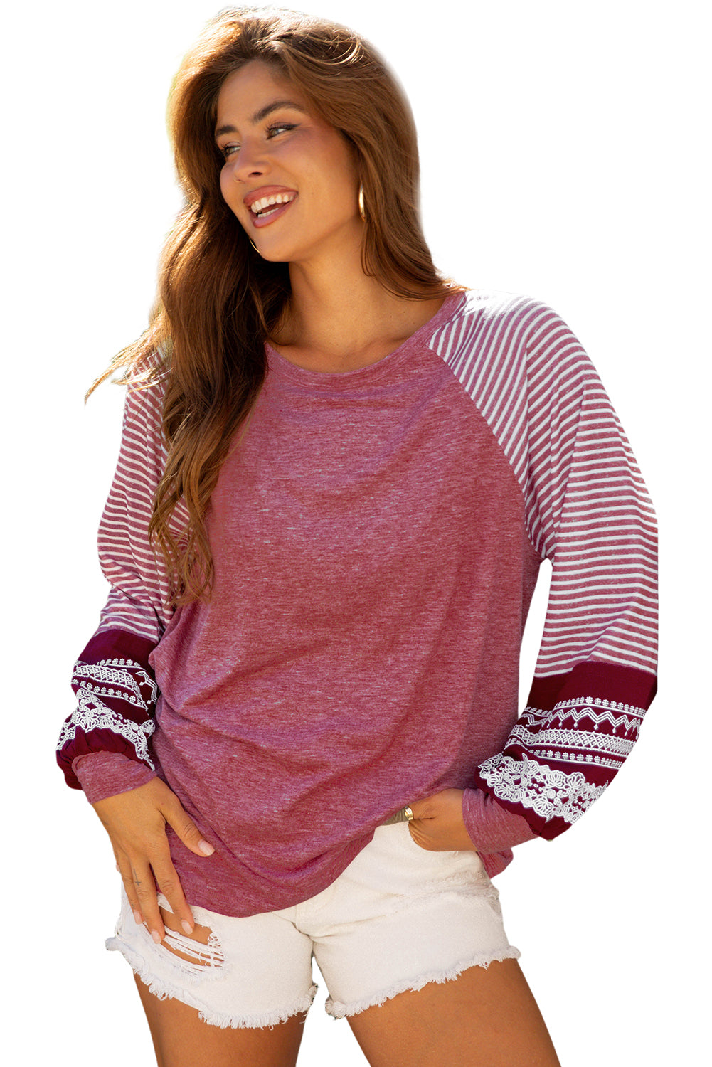 Mineral Red Contrast Print Striped Raglan Long Sleeve Loose Top-Tops/Long Sleeve Tops-[Adult]-[Female]-2022 Online Blue Zone Planet