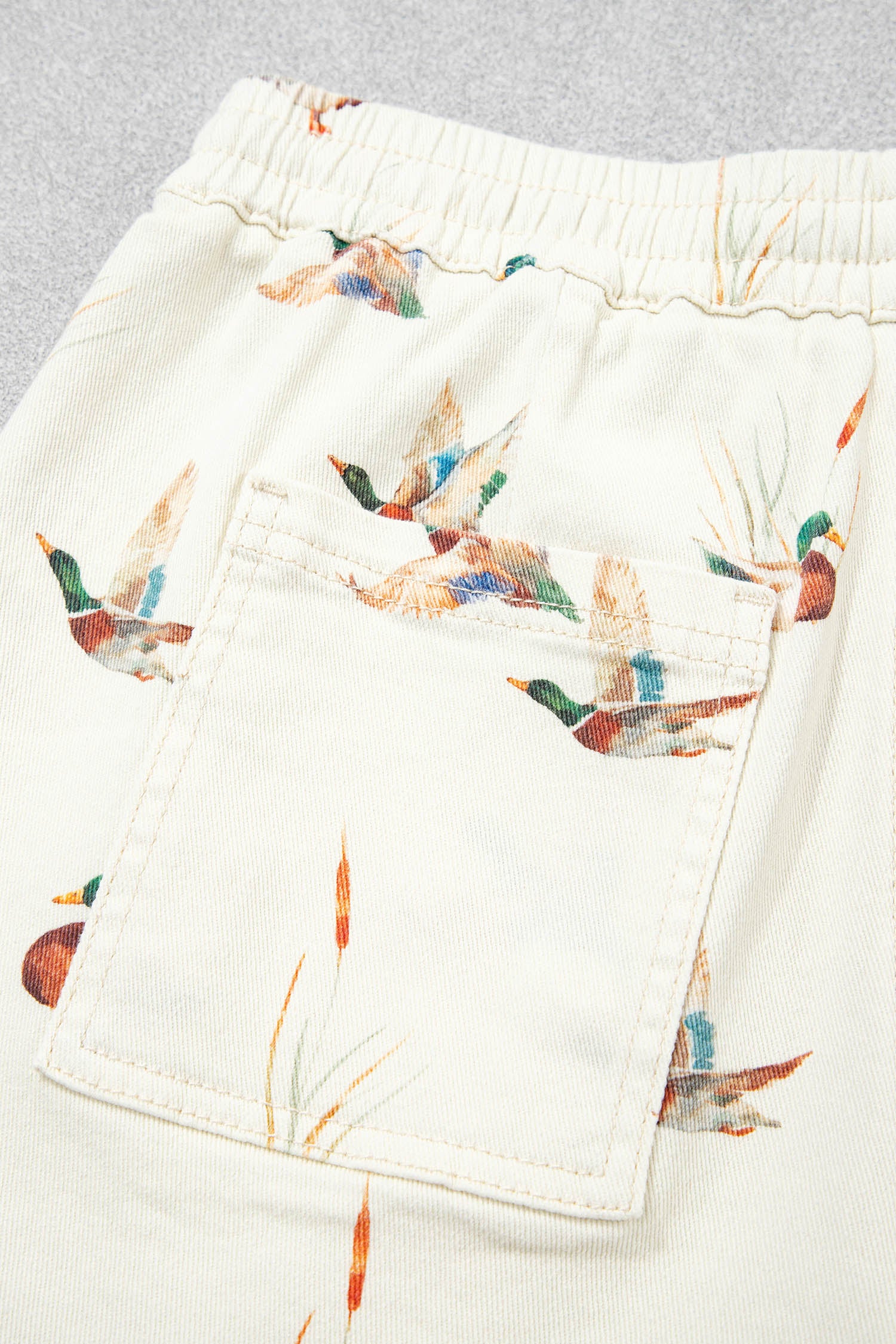 Beige Wild Duck Mallard Printed Drawstring Denim Shorts-Bottoms/Denim Shorts-[Adult]-[Female]-2022 Online Blue Zone Planet