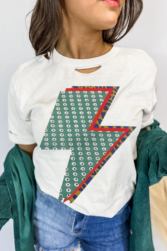 White Rhinestone Decor Bolt Graphic Ripped Western Tee-Graphic/Graphic Tees-[Adult]-[Female]-White-S-2022 Online Blue Zone Planet