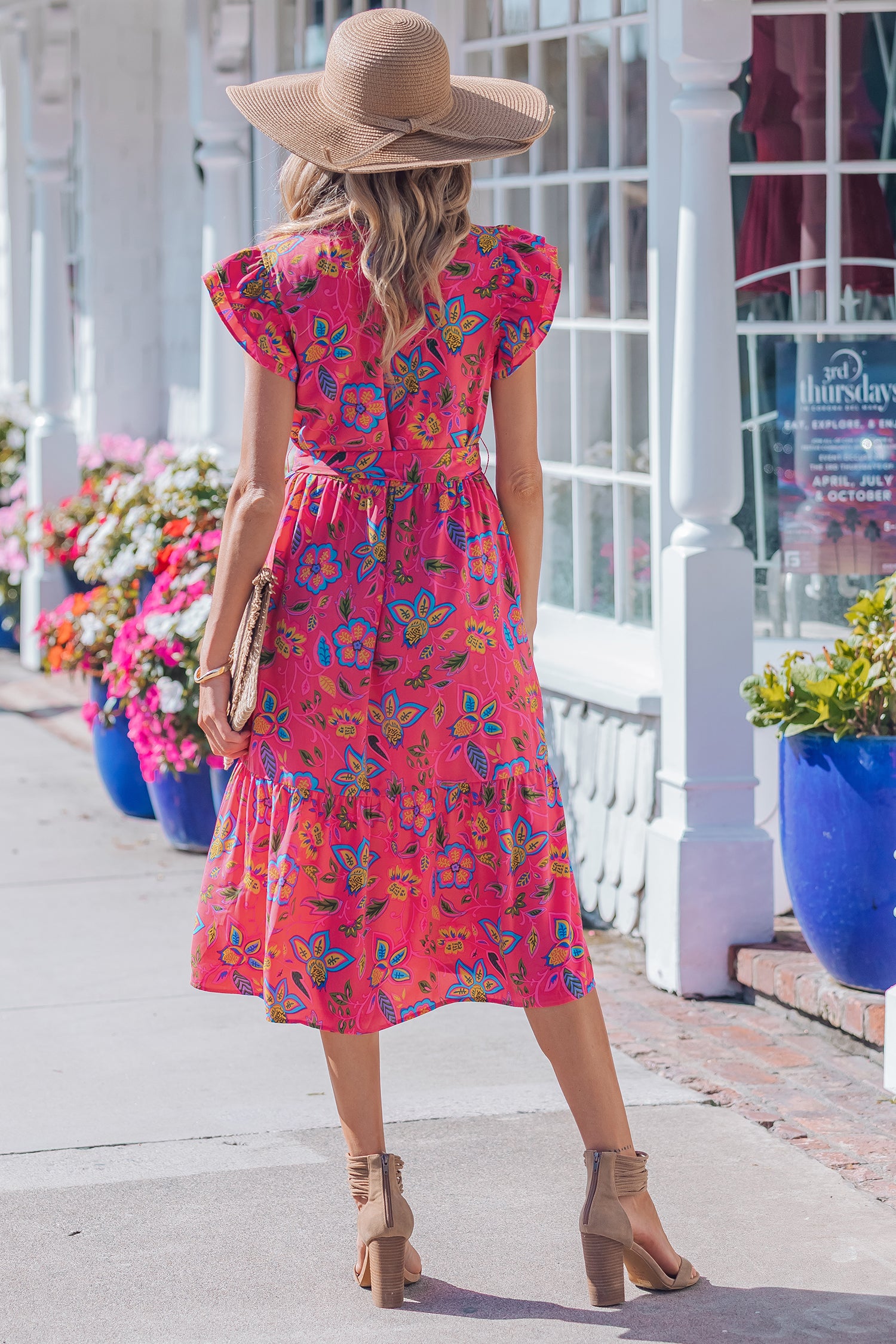 Rose Flutter Sleeve Belted Floral Long Dress-TOPS / DRESSES-[Adult]-[Female]-2022 Online Blue Zone Planet