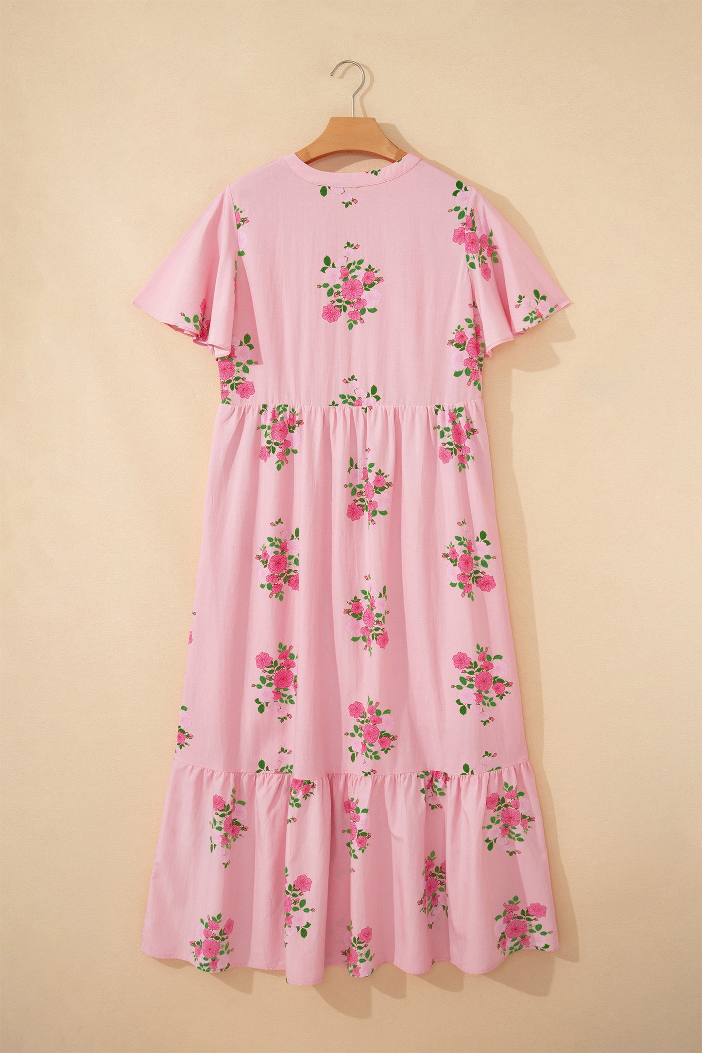 Pink Notched Neck Flutter Short Sleeve Floral Print Maxi Dress-TOPS / DRESSES-[Adult]-[Female]-2022 Online Blue Zone Planet