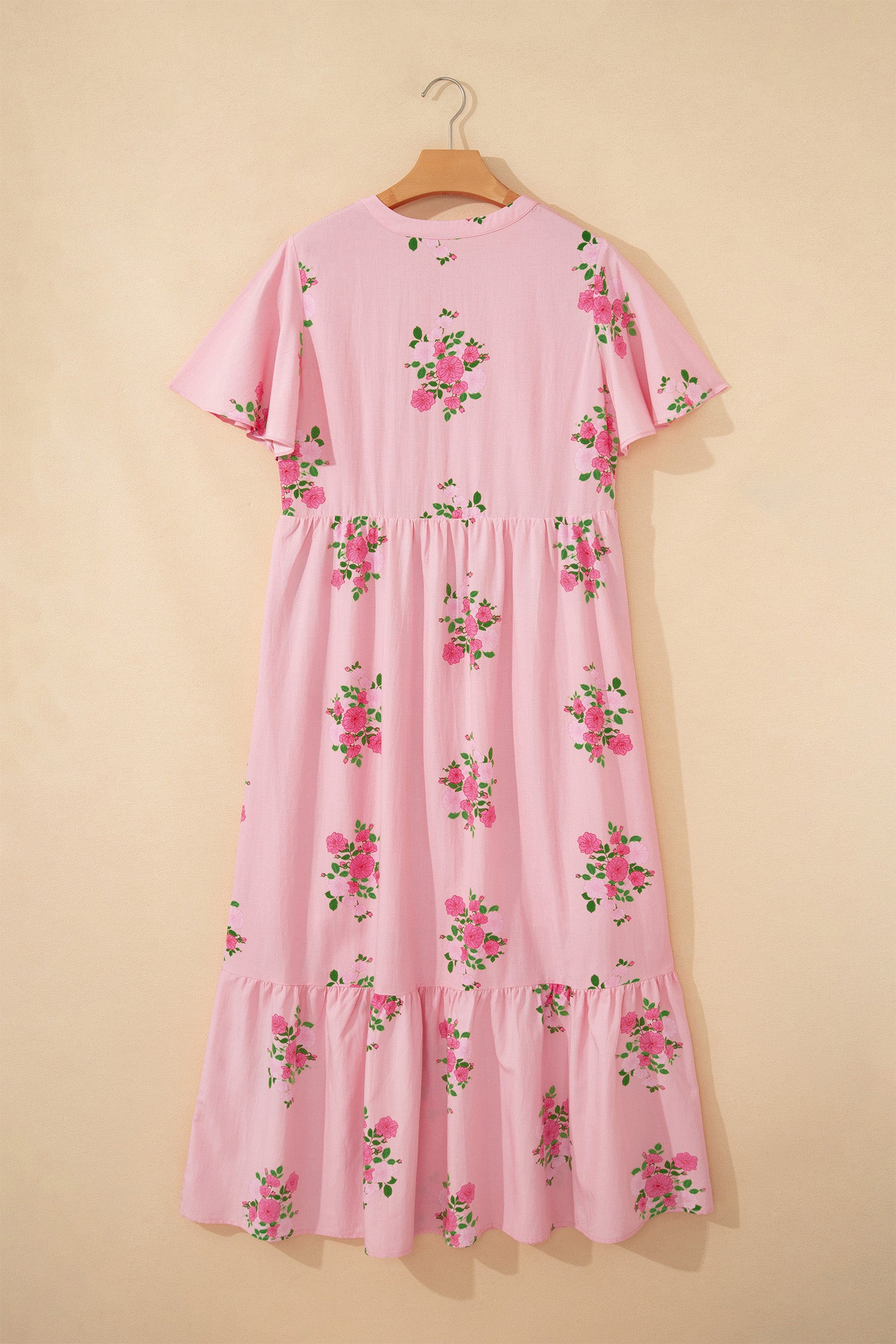 Pink Notched Neck Flutter Short Sleeve Floral Print Maxi Dress-TOPS / DRESSES-[Adult]-[Female]-2022 Online Blue Zone Planet