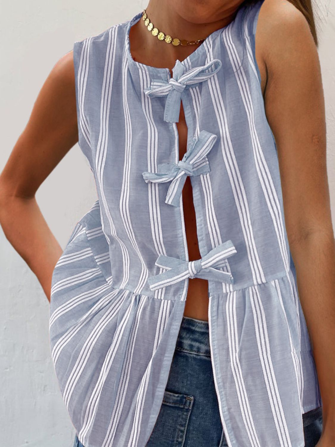 Tied Striped Round Neck Tank-TOPS / DRESSES-[Adult]-[Female]-2022 Online Blue Zone Planet