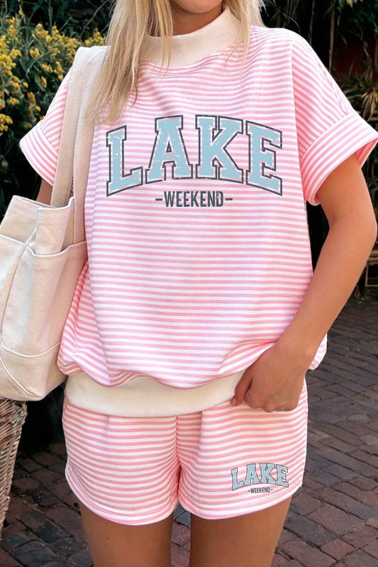 Pink Stripe Contrast Trim High Neck Short Sleeve LAKE WEEKEND 2pcs Short Set-Graphic/Graphic Sets-[Adult]-[Female]-Pink Stripe-S-2022 Online Blue Zone Planet