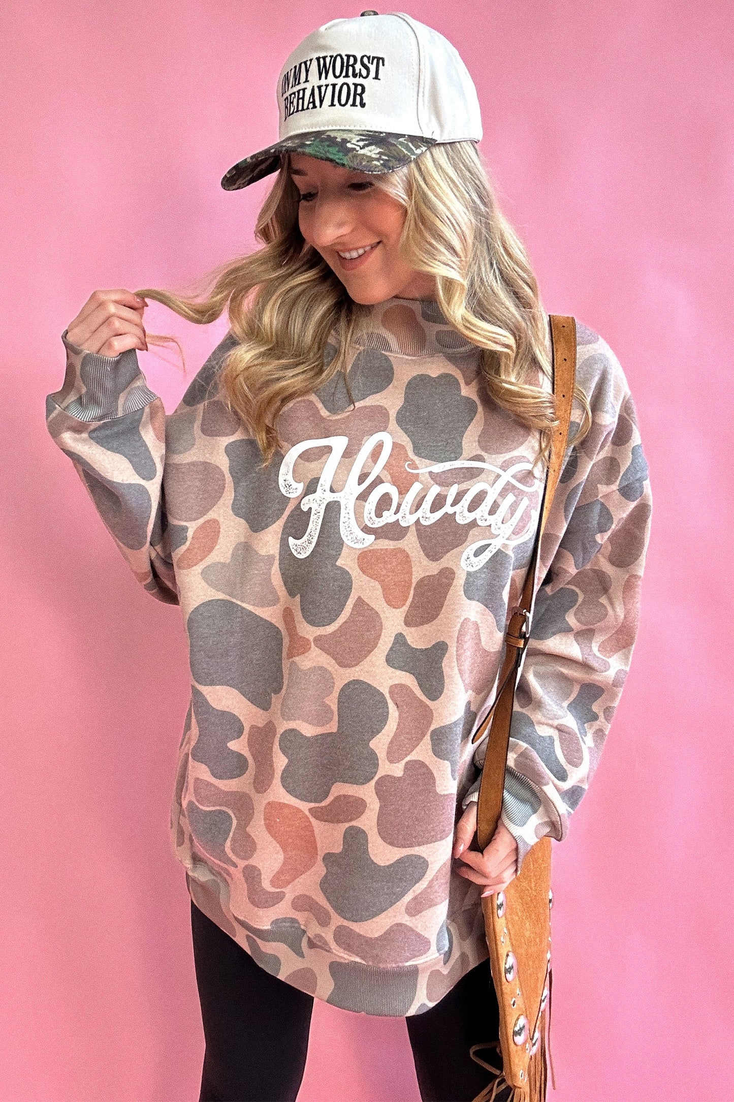 Multicolour Camo Print Howdy Western Style Baggy Pullover Sweatshirt-Tops/Sweatshirts & Hoodies-[Adult]-[Female]-2022 Online Blue Zone Planet