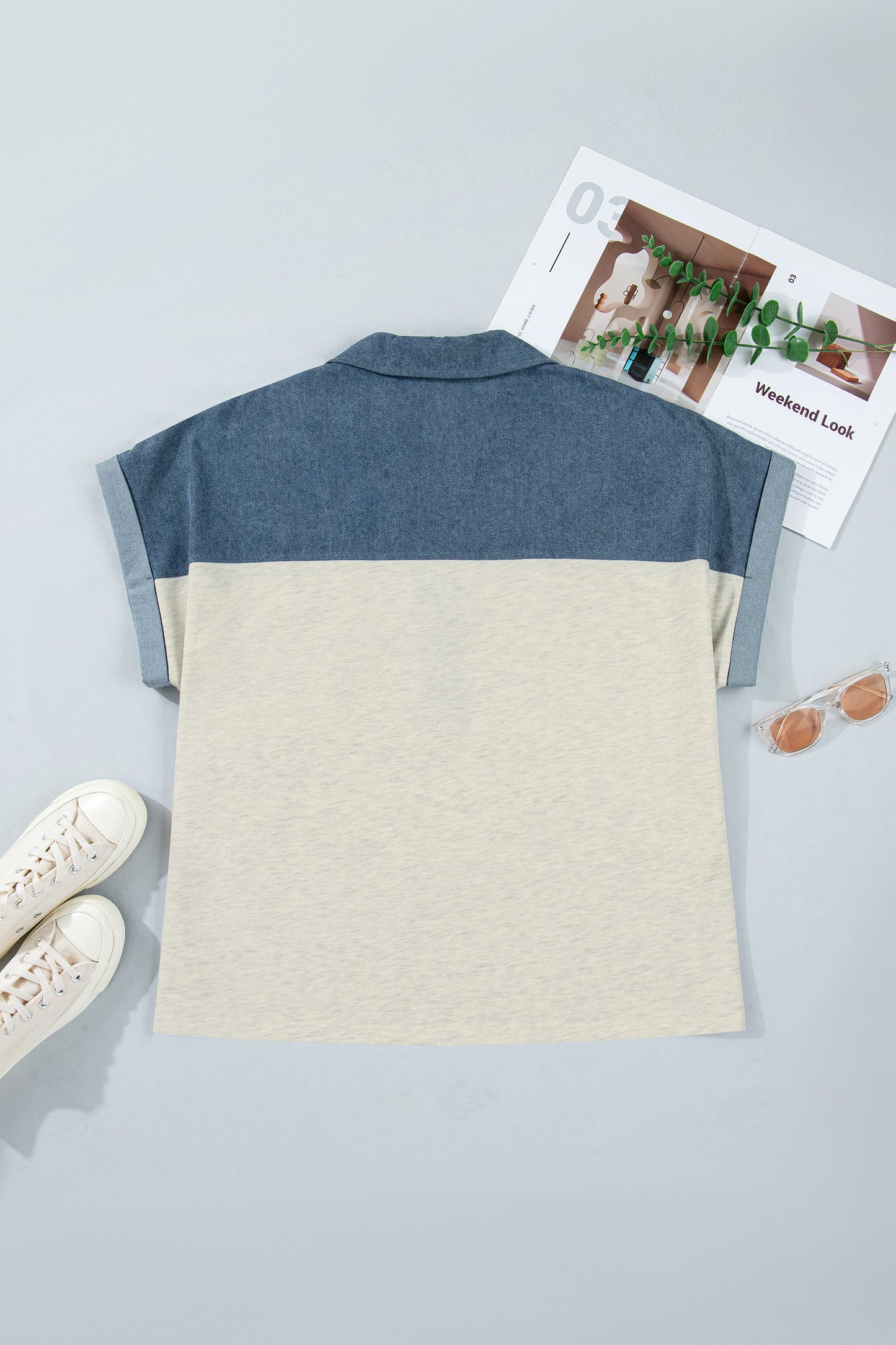 Light Grey Half Buttons Collared Denim Patchwork Plus Short Sleeve Top-Plus Size/Plus Size Tops/Plus Size Blouses & Shirts-[Adult]-[Female]-2022 Online Blue Zone Planet