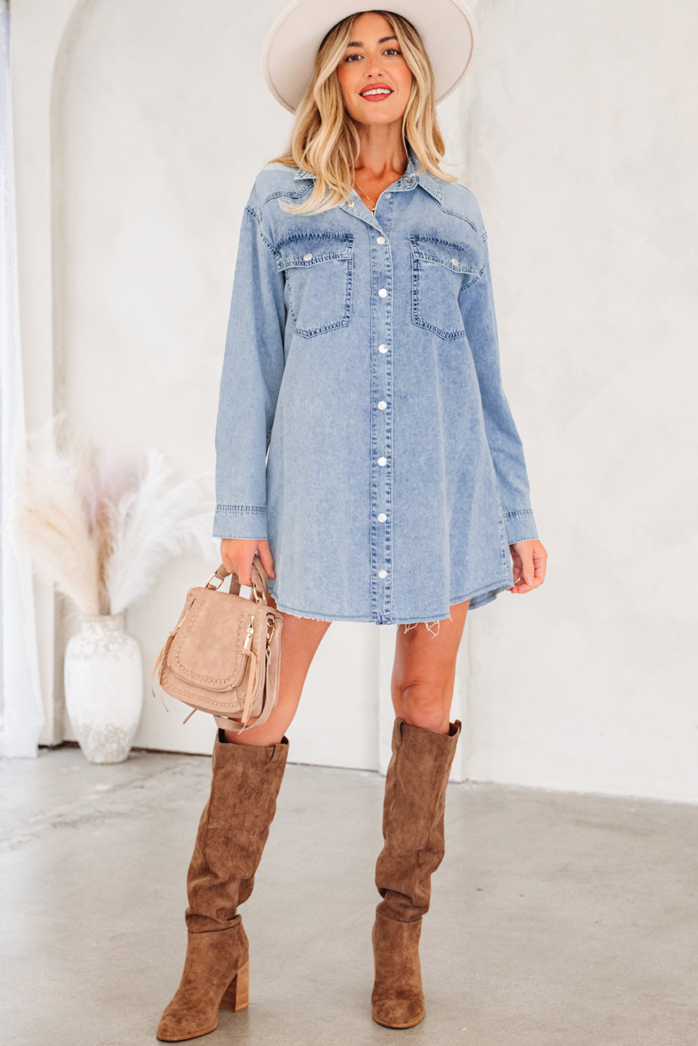 Beau Blue Chest Pocket Raw Hem Denim Loose Shirt Dress-TOPS / DRESSES-[Adult]-[Female]-2022 Online Blue Zone Planet
