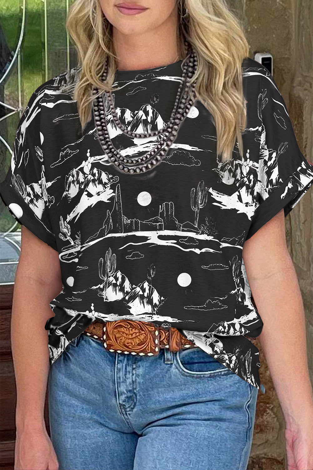 Chestnut Desert Sand Print Short Sleeve Knit Top-Tops/Tops & Tees-[Adult]-[Female]-Black-S-2022 Online Blue Zone Planet