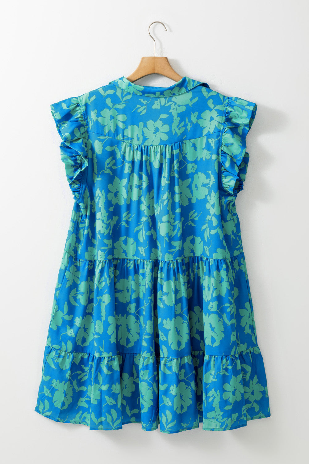 Blue Zone Planet |  Sky Blue Plus Size Floral Print Flutter Sleeve Buttoned Mini Dress Blue Zone Planet