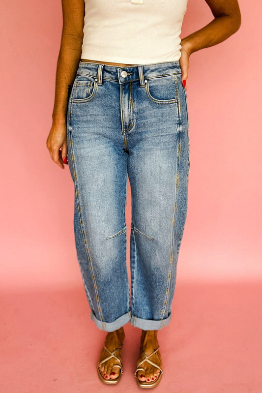 Dusk Blue Vintage Washed Seam Detail Shift Jeans-Bottoms/Jeans-[Adult]-[Female]-Dusk Blue-4-2022 Online Blue Zone Planet