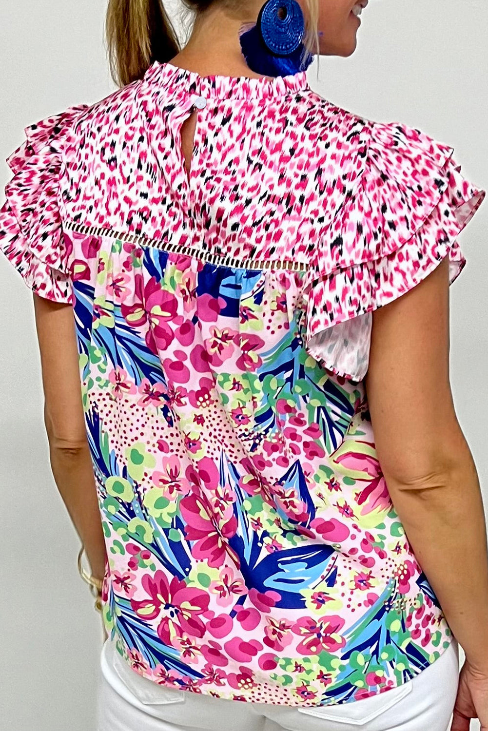 Pink Floral Mixed Print Ruffle Cap Sleeve Blouse-Tops/Blouses & Shirts-[Adult]-[Female]-2022 Online Blue Zone Planet