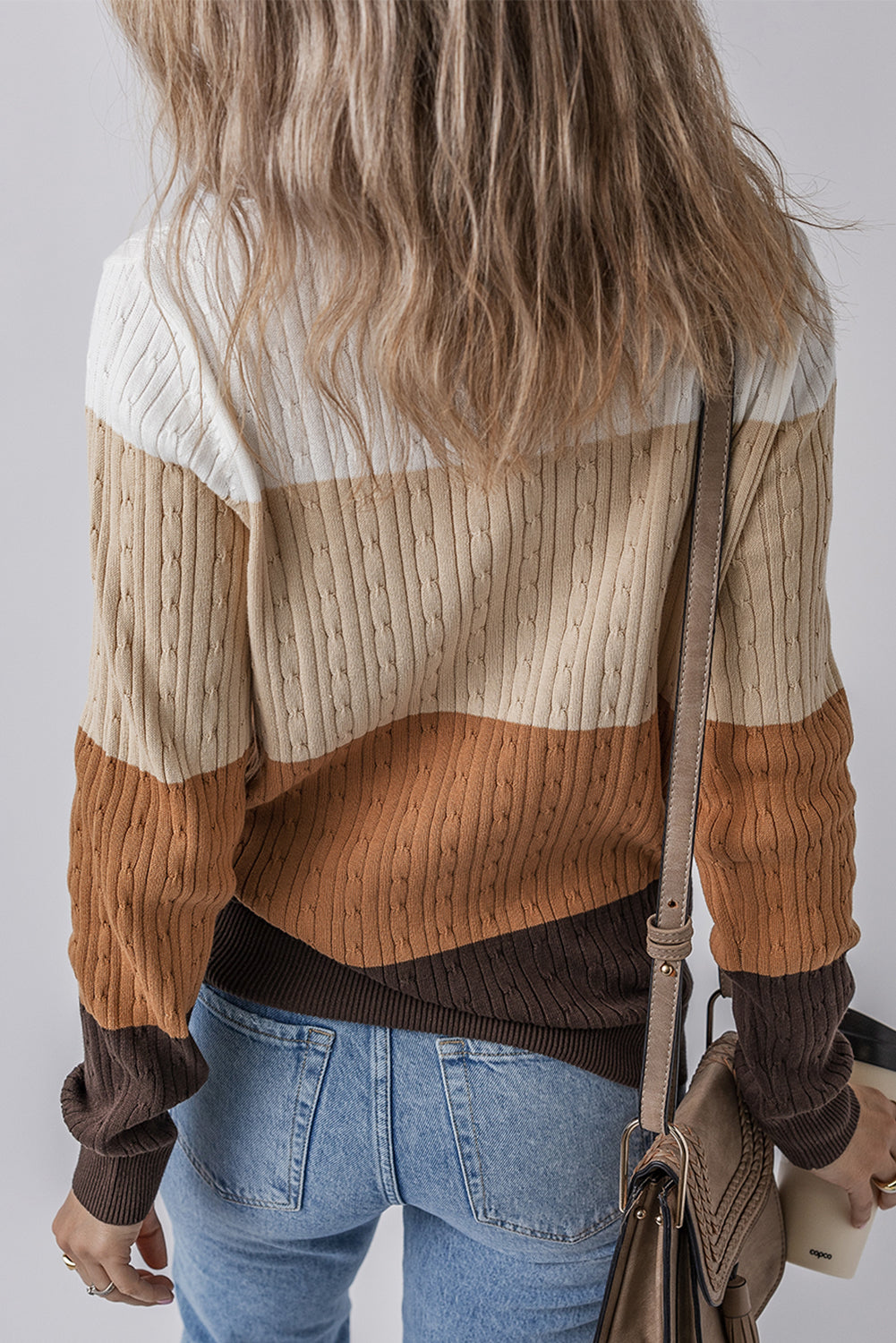 Khaki Colorblock Cable Knit Round Neck Sweater-TOPS / DRESSES-[Adult]-[Female]-2022 Online Blue Zone Planet