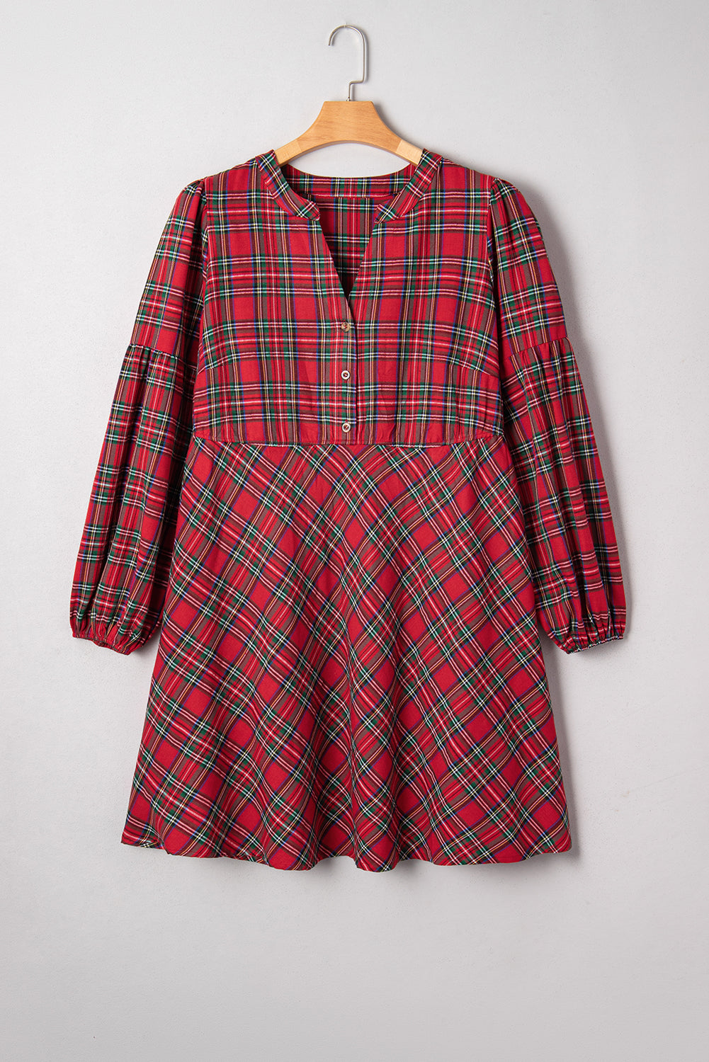 Red Plus Size Plaid Half Button Long Sleeve Holiday Dress-TOPS / DRESSES-[Adult]-[Female]-2022 Online Blue Zone Planet