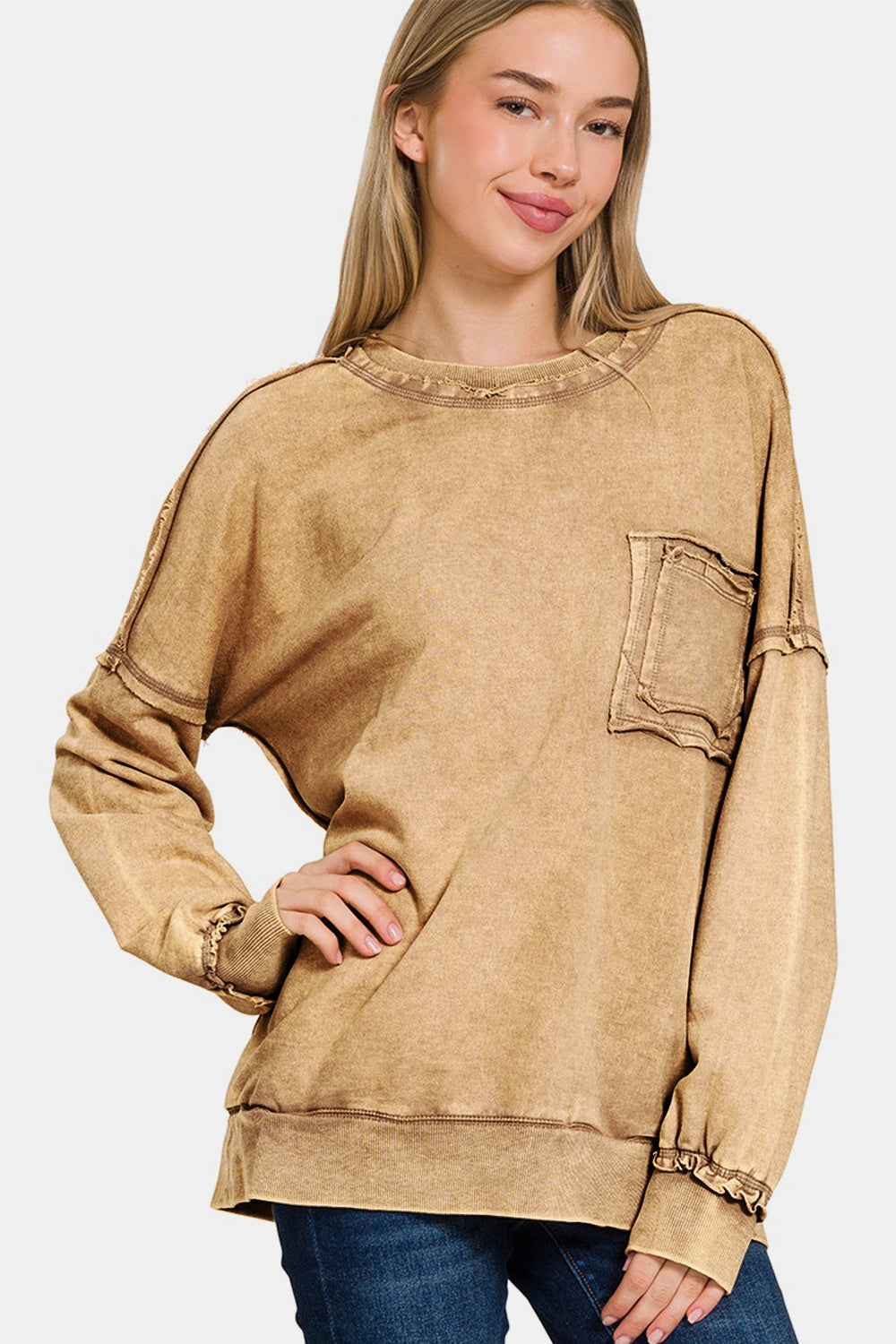 Blue Zone Planet | Zenana Exposed Seam Round Neck Dropped Shoulder Sweatshirt-TOPS / DRESSES-[Adult]-[Female]-2022 Online Blue Zone Planet