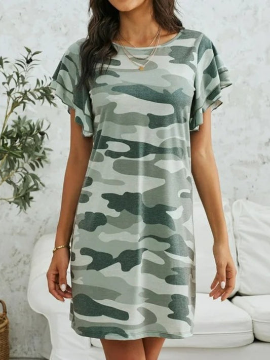 Camouflage Round Neck Short Sleeve Mini Dress-TOPS / DRESSES-[Adult]-[Female]-Green Camouflage-S-2022 Online Blue Zone Planet