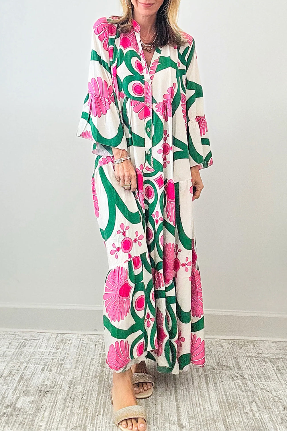 Blue Zone Planet | Pink Boho Floral Printed Long Sleeve Buttoned Loose Maxi Dress-TOPS / DRESSES-[Adult]-[Female]-Pink-S-2022 Online Blue Zone Planet