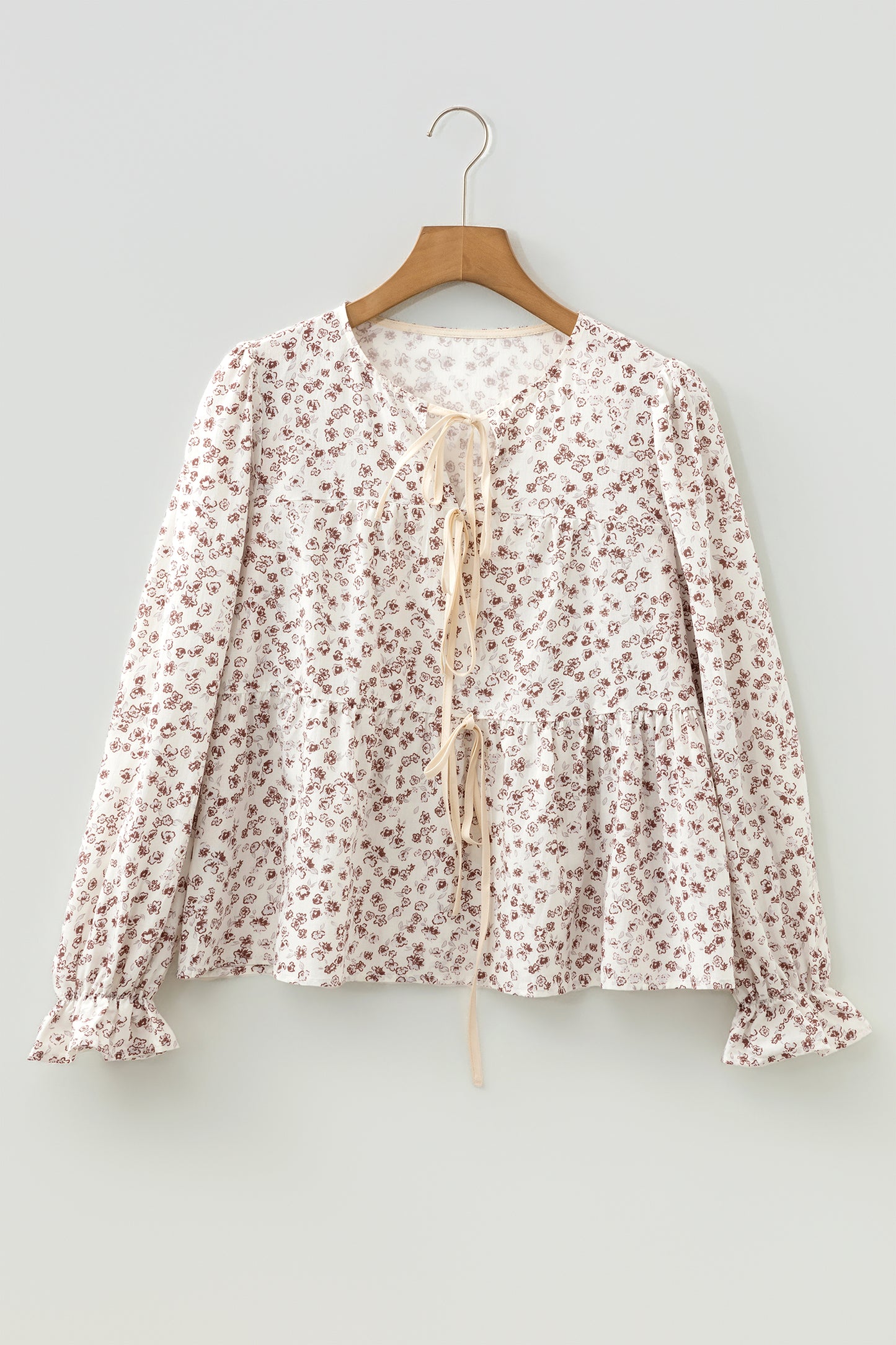 White Bow Tie Front Floral Print Flounce Sleeve Peplum Blouse-Tops/Blouses & Shirts-[Adult]-[Female]-2022 Online Blue Zone Planet