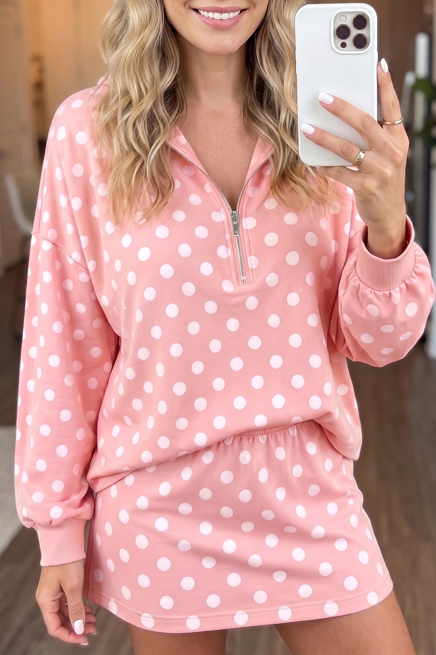 Khaki Polka Dot Hooded Long Sleeve Top Casual Mini Skort Set