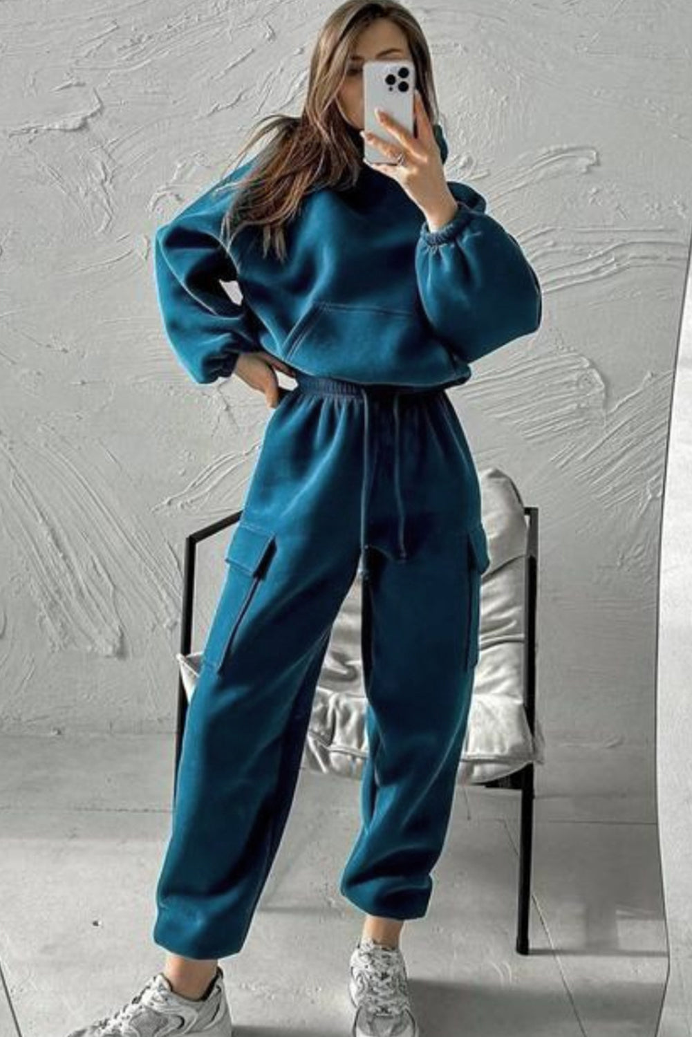 Peacock Blue Cozy Hooded Sweatshirt Drawstring Elastic Waistband Cargo Pant Set-Two Piece Sets/Pant Sets-[Adult]-[Female]-2022 Online Blue Zone Planet