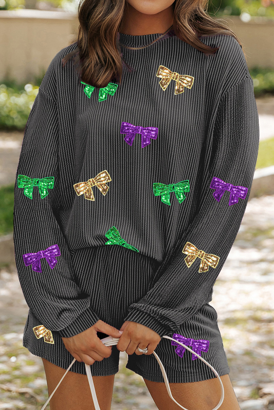 Carbon Grey Bowknot Patched Pattern Corded Long Sleeve Top and Shorts Outfit-Graphic/Graphic Sets-[Adult]-[Female]-Carbon Grey-S-2022 Online Blue Zone Planet
