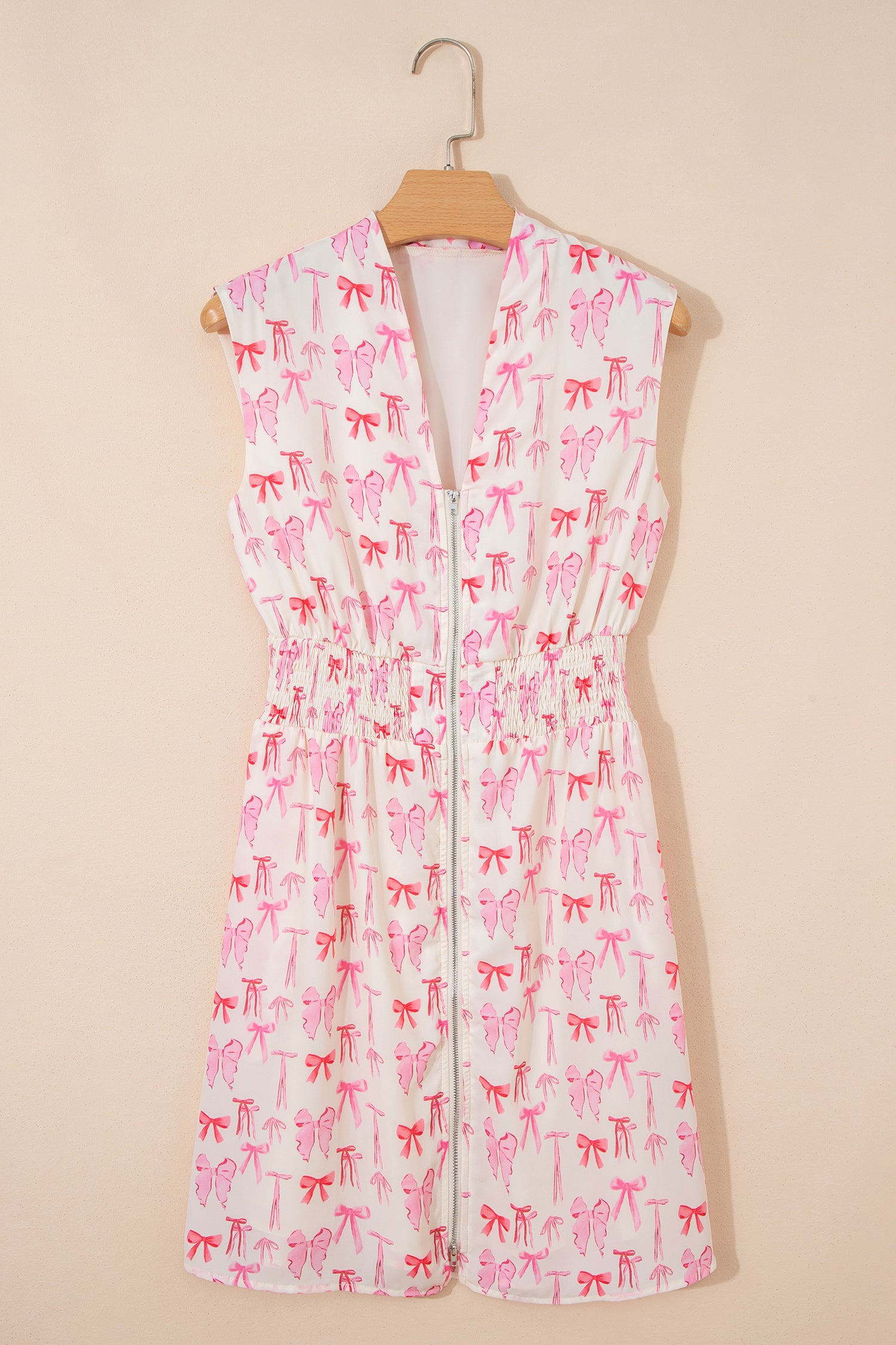 Pink Full Zip Cinched Waist Sleeveless Bow Mini Dress-TOPS / DRESSES-[Adult]-[Female]-2022 Online Blue Zone Planet