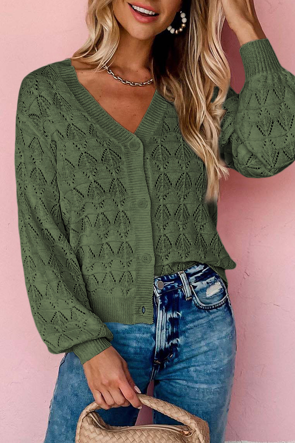 Green Lightweight Buttoned Front Crochet Cardigan-TOPS / DRESSES-[Adult]-[Female]-Green-S-2022 Online Blue Zone Planet