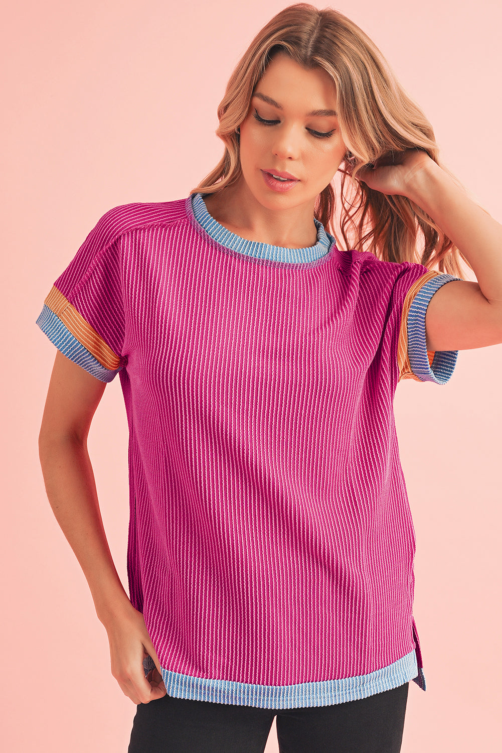 Sky Blue Textured Colorblock Round Neck T Shirt-T Shirts-[Adult]-[Female]-2022 Online Blue Zone Planet