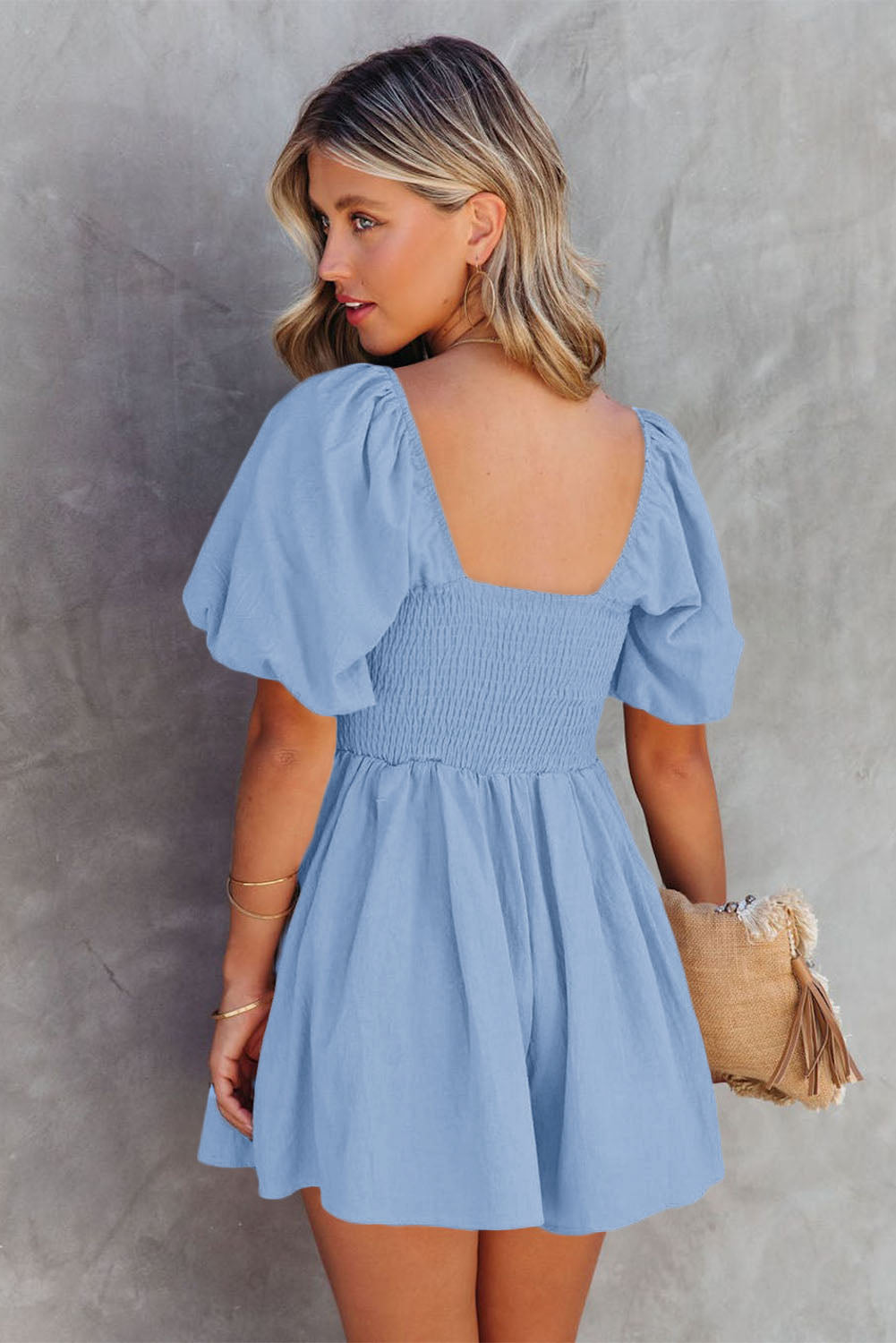 Sky Blue Brown Square Neck Ruched Puff Sleeve Romper-Bottoms/Jumpsuits & Rompers-[Adult]-[Female]-2022 Online Blue Zone Planet